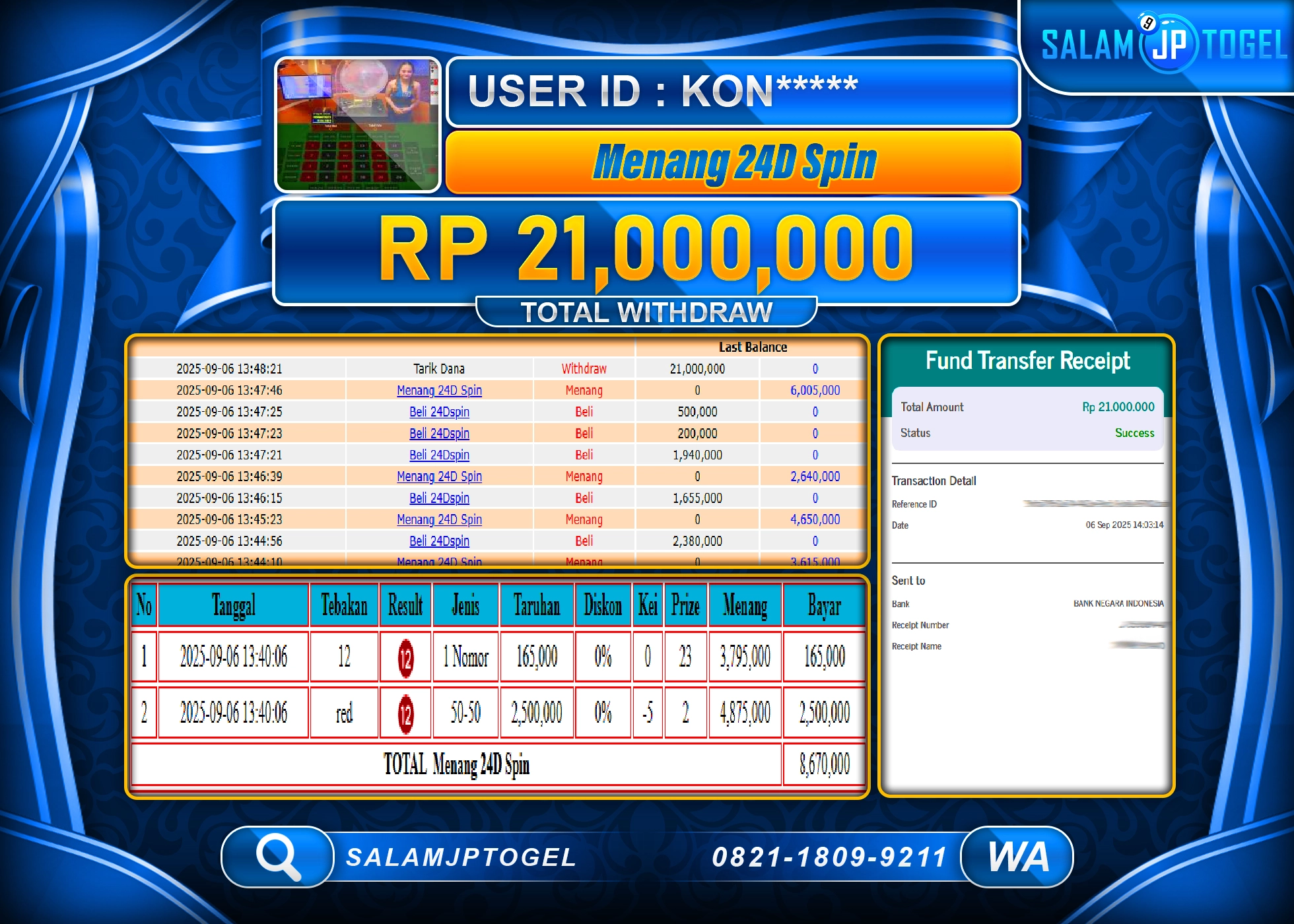 SALAMJPTOGEL MENANG LIVEGAME 24D SPIN GAMES  Rp.21,000,000