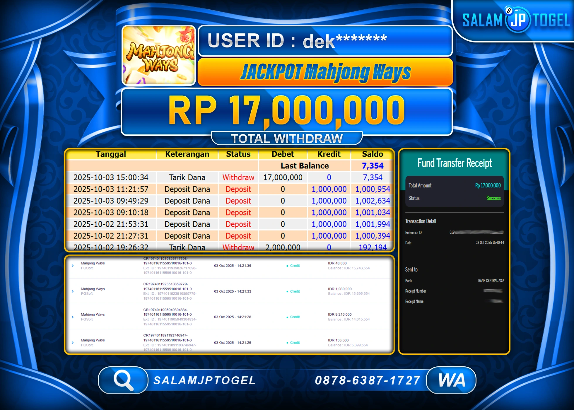 SALAMJPTOGEL MENANG JACKPOT MAHJONG WAYS RP. 17,000,000, - LUNAS
