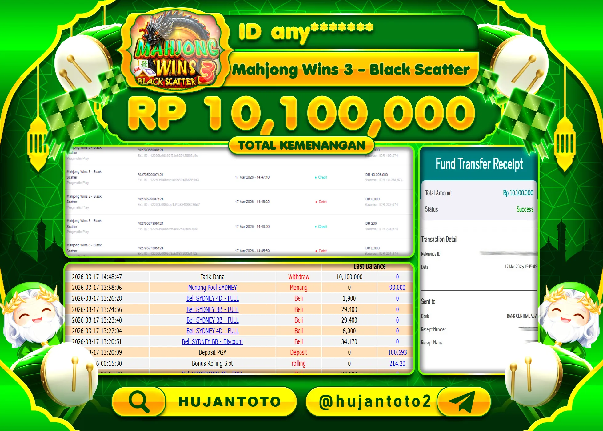 HUJANTOTO - BUKTI JACKPOT MENANG SLOT MAHJONG WINS 3-BLACK SCATTER Rp.10,100,000 - TERBAYAR LUNAS