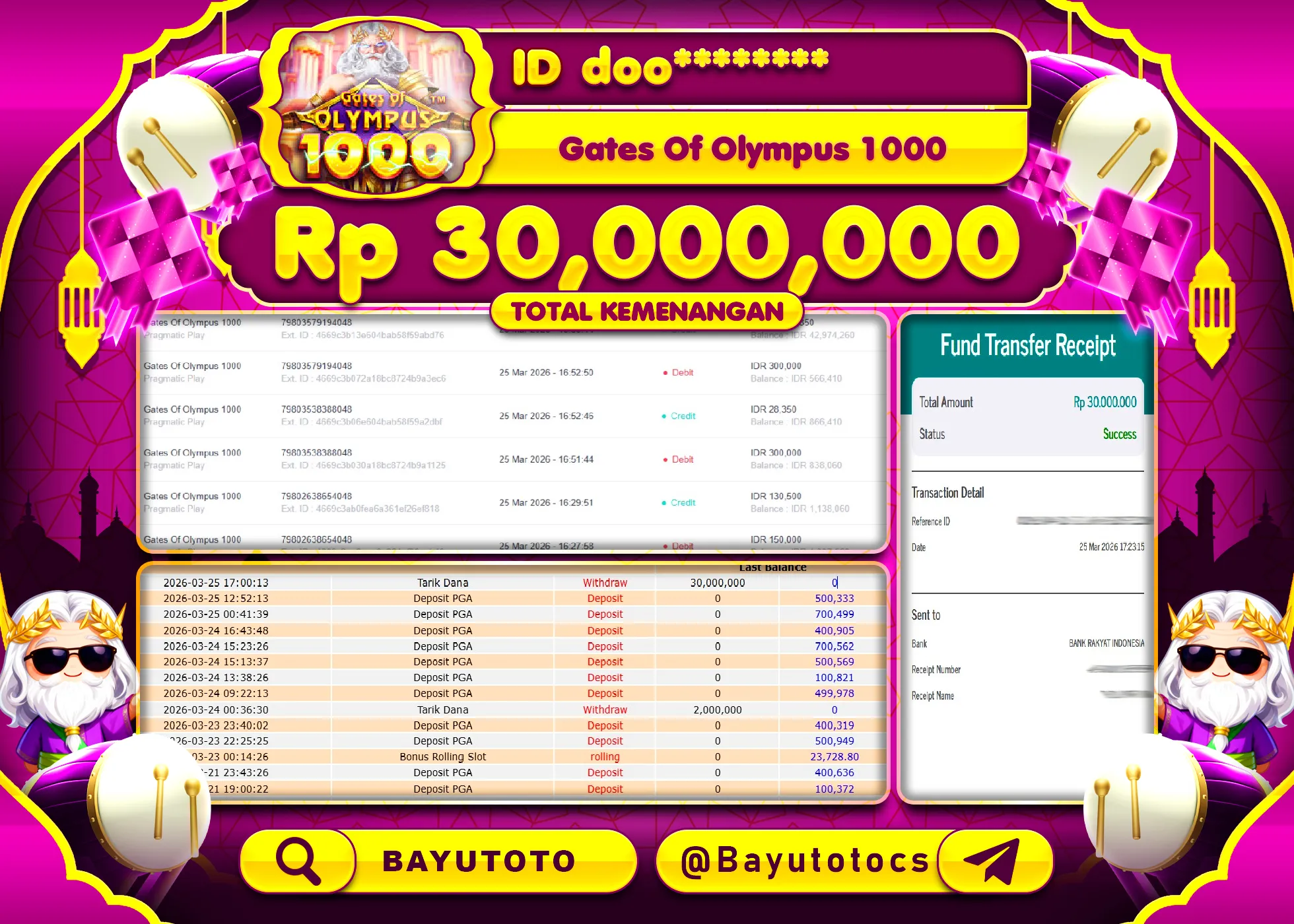 SELAMAT MEMBER SETIA BAYUTOTO JACKPOT DI SLOT GATES OF OLYMPUS 1000 Rp. 30,000,000 LUNAS