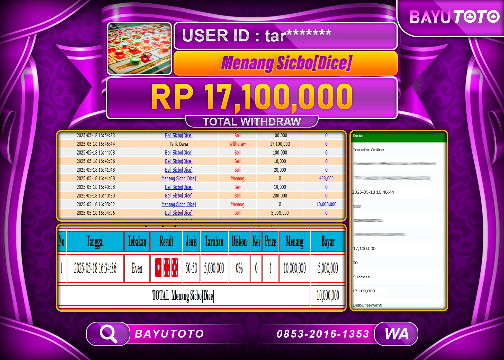 BAYUTOTO JACKPOT LIVE GAMES SICBO  DICE Rp.17,100,000 LUNAS