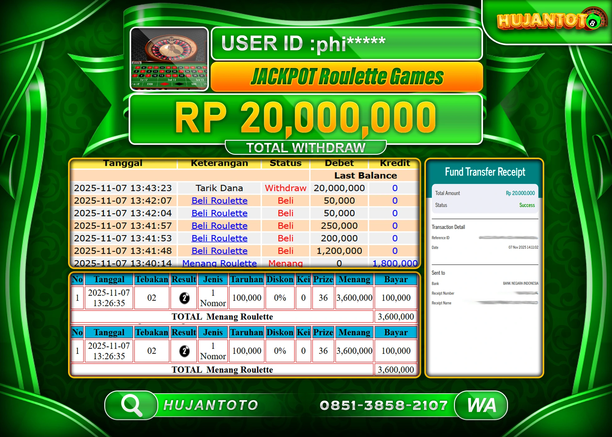 HUJANTOTO - BUKTI JACKPOT MENANG LIVEGAME ROULETTE GAMES Rp.20,000,000 - TERBAYAR LUNAS
