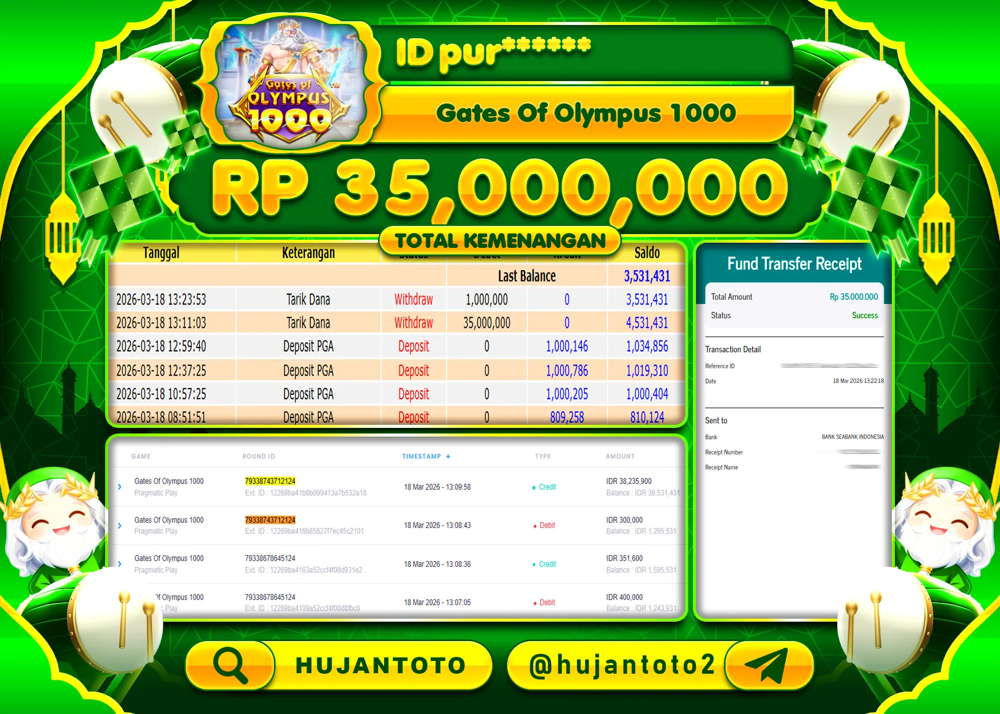 HUJANTOTO - BUKTI JACKPOT MENANG SLOT GATES OF OLYMPUS 1000 Rp.35,000,000 - TERBAYAR LUNAS