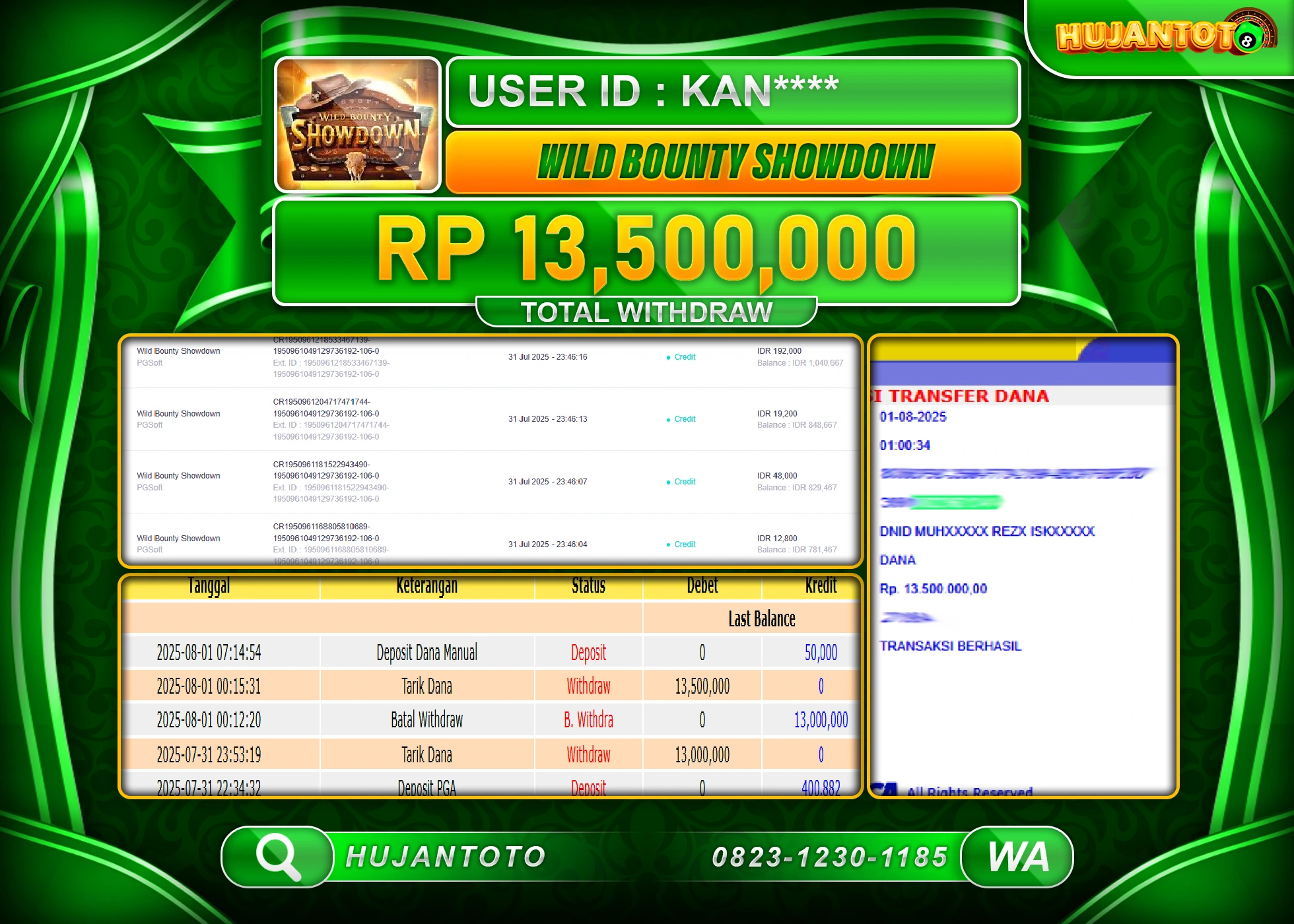 HUJANTOTO - BUKTI JACKPOT MENANG SLOT WILD BOUNTY SHOWDOWN Rp.13,500,000 - TERBAYAR LUNAS