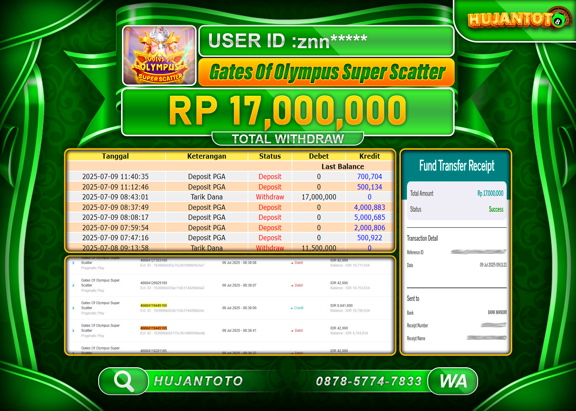 HUJANTOTO - BUKTI JACKPOT MENANG SLOT GATES OF OLYMPUS SUPER SCATTER Rp.17,000,000 - TERBAYAR LUNAS