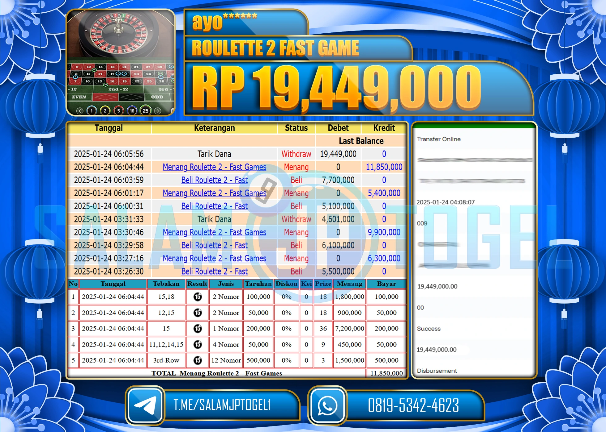 SALAMJPTOGEL MENANG ROULETTE 2 FAST GAME Rp.19,449,000 LUNAS