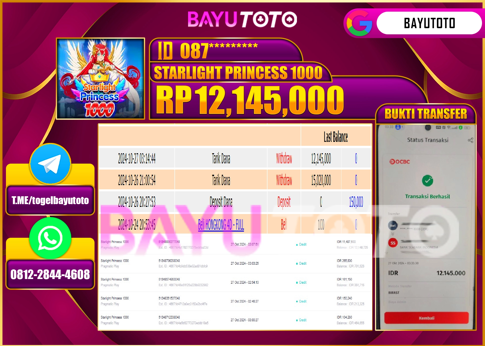 BAYUTOTO MENANG STARLIGHT PRINCESS 1000 12.145.000 - LUNAS