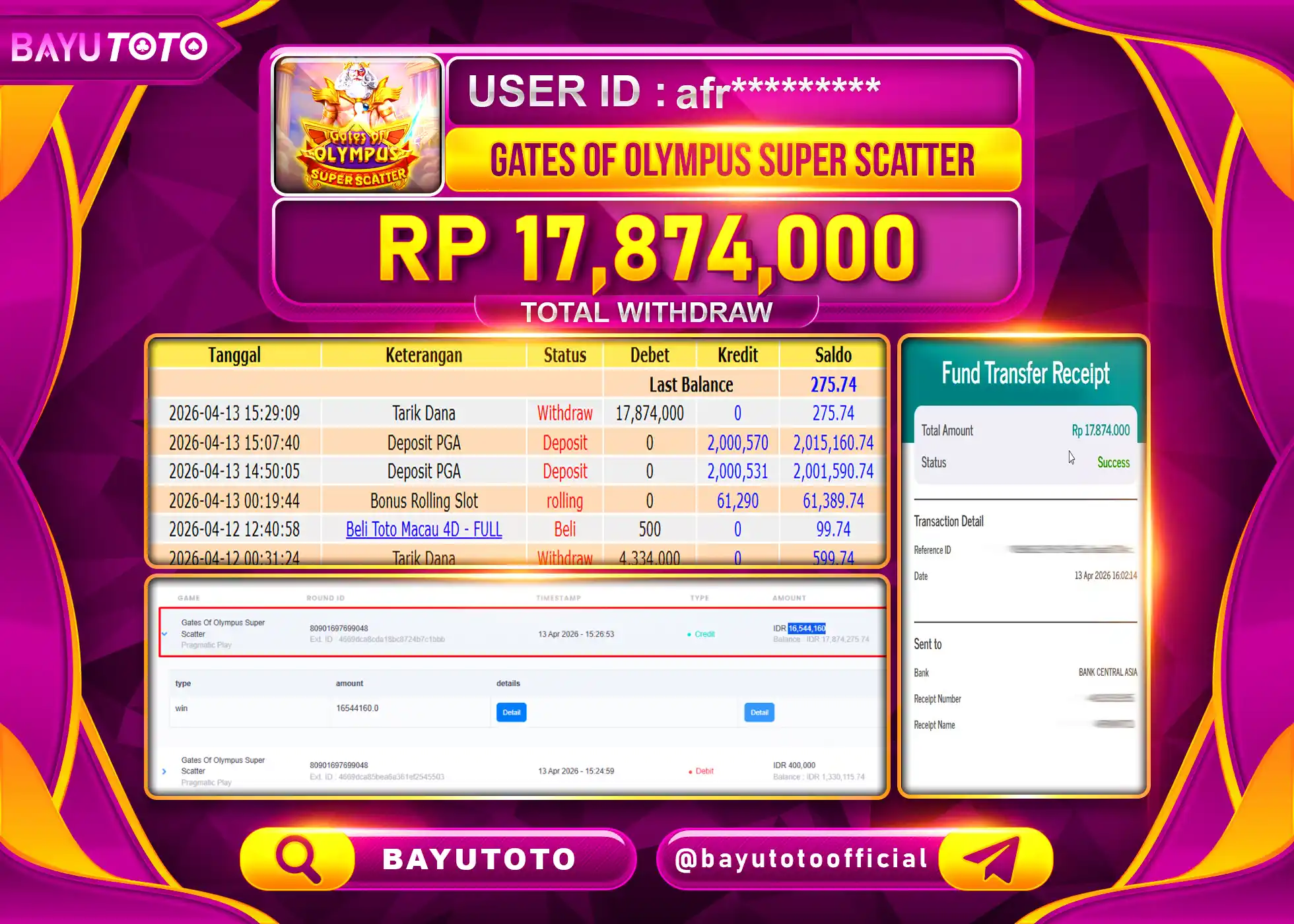 SELAMAT MEMBER BAYUTOTO JACKPOT DI SLOT GATES OF OLYMPUS Rp. 17,874,000 LUNAS