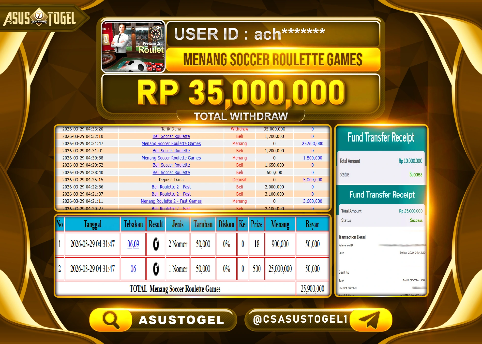 ASUSTOGEL KEMENANGAN JACKPOT LIVE GAMES DI SOCCER ROULETTE GAMES SEBESAR Rp.35,000,000 - RUPIAH LUNAS
