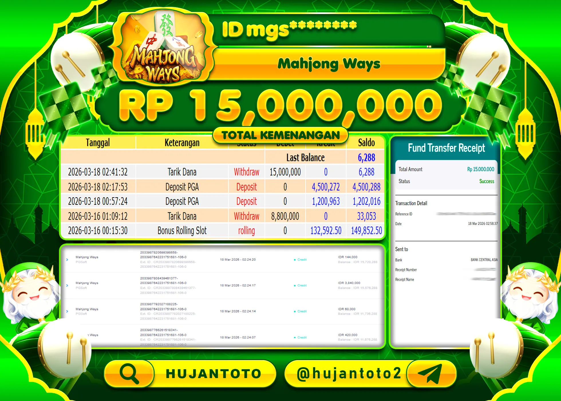 HUJANTOTO - BUKTI JACKPOT MENANG SLOT MAHJONG WAYS Rp.15,000,000 - TERBAYAR LUNAS
