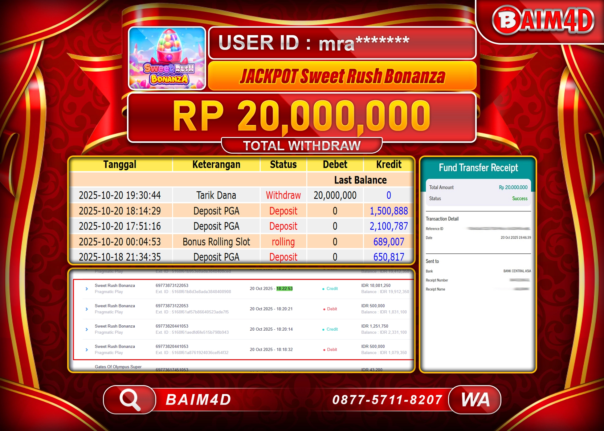 BAIM4D JACKPOT SLOT SWEET RUSH BONANZA Rp.20,000,000.- LUNAS