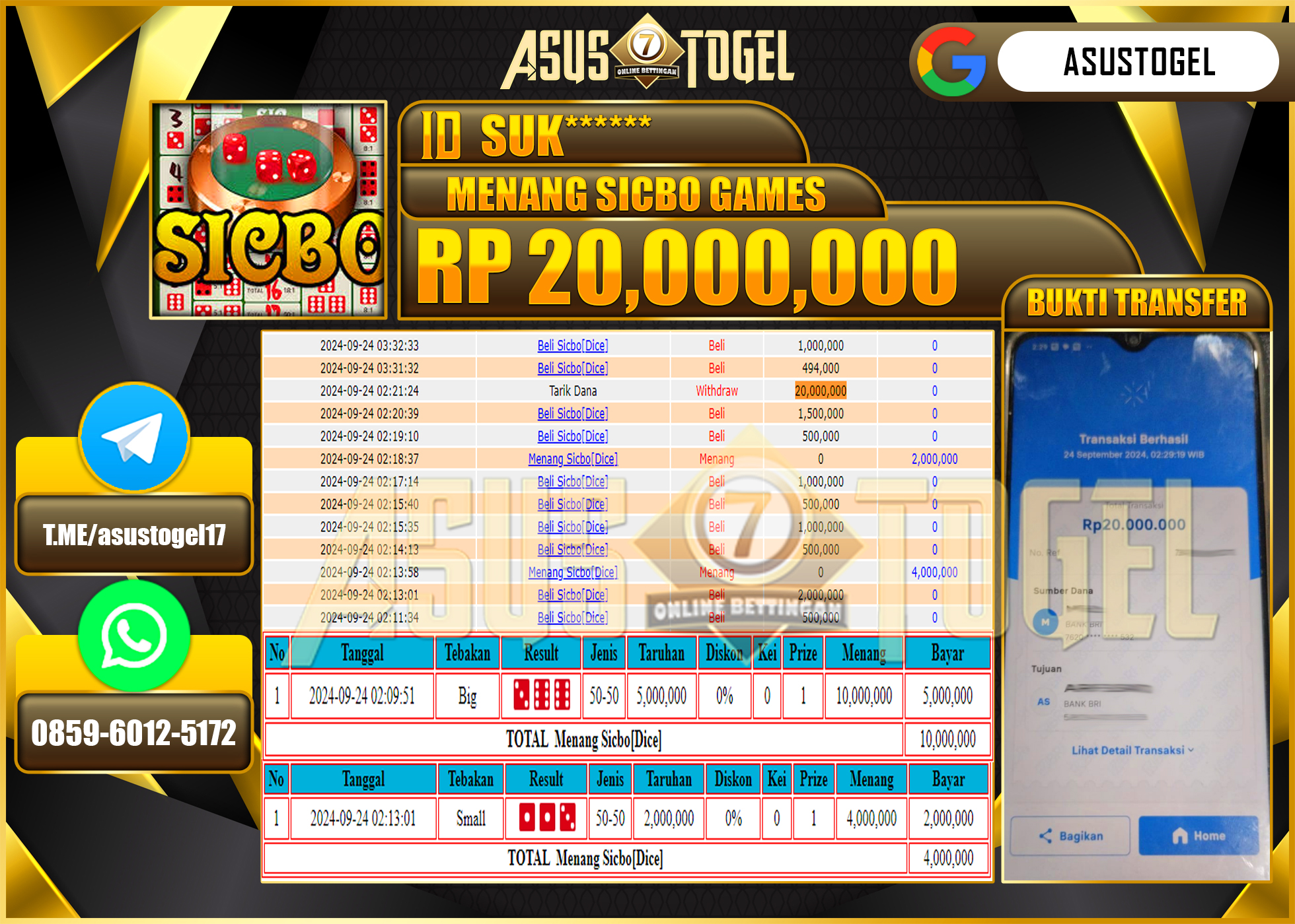 ASUSTOGEL KEMENANGAN DI PERMAINAN SICBO GAMES SEBESAR 20,000,000- RUPIAH LUNAS