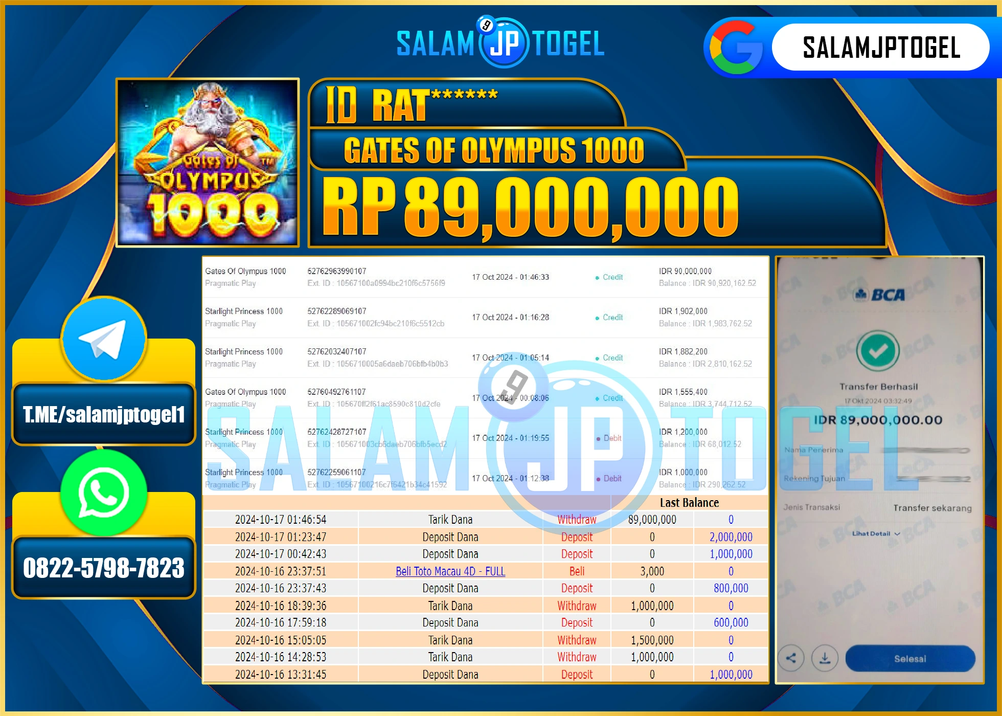 SALAMJPTOGEL MENANG SLOT GATES OF OLYMPUS 1000 RP. 89,000,000 LUNAS