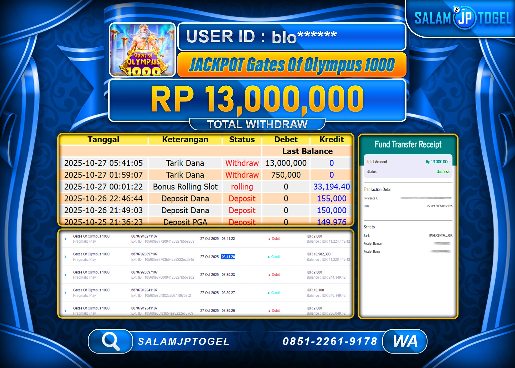 SALAMJPTOGEL MENANG Gates Of Olympus 1000  Rp.13,000,000  - LUNAS