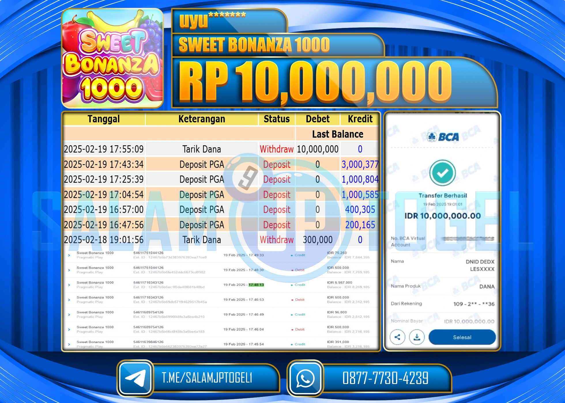 SALAMJPTOGEL MENANG SWEET BONANZA 1000 Rp. 10,000,000  LUNAS