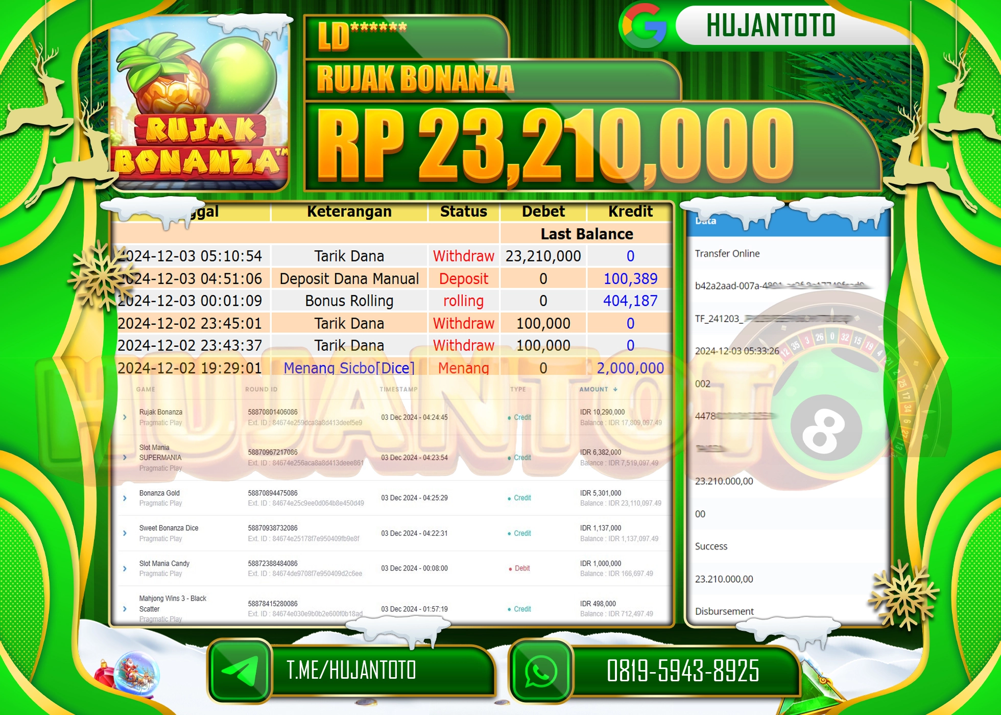 HUJANTOTO MENANG BESAR YANG  DI RAIH DI PERMAINAN SLOT RUJAK BONANZA - 23,210,000 - LUNAS 