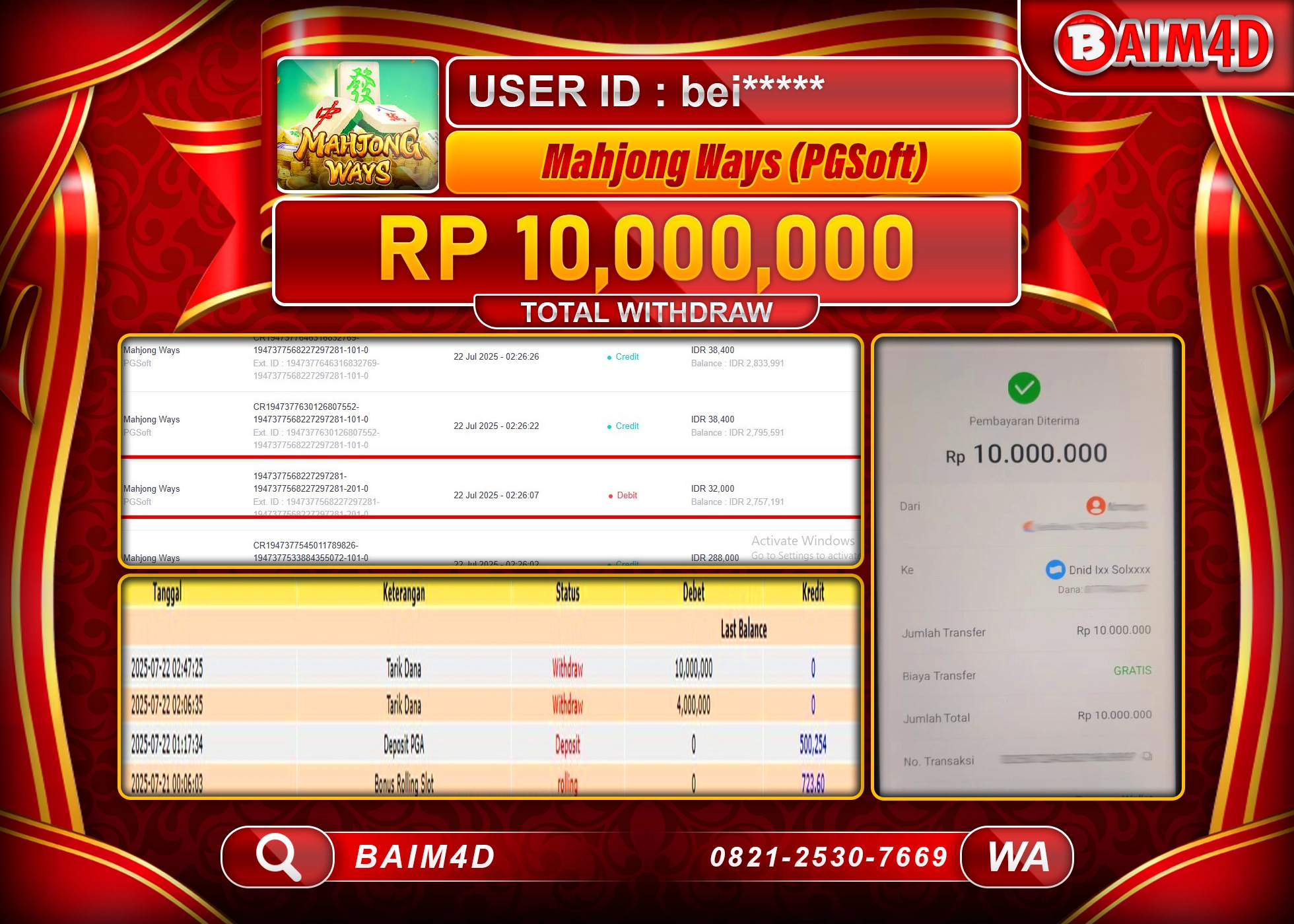 BAIM4D JACKPOT SLOT MAHJONG WAYS- PG SOFT  Rp.10,000,000.- LUNAS