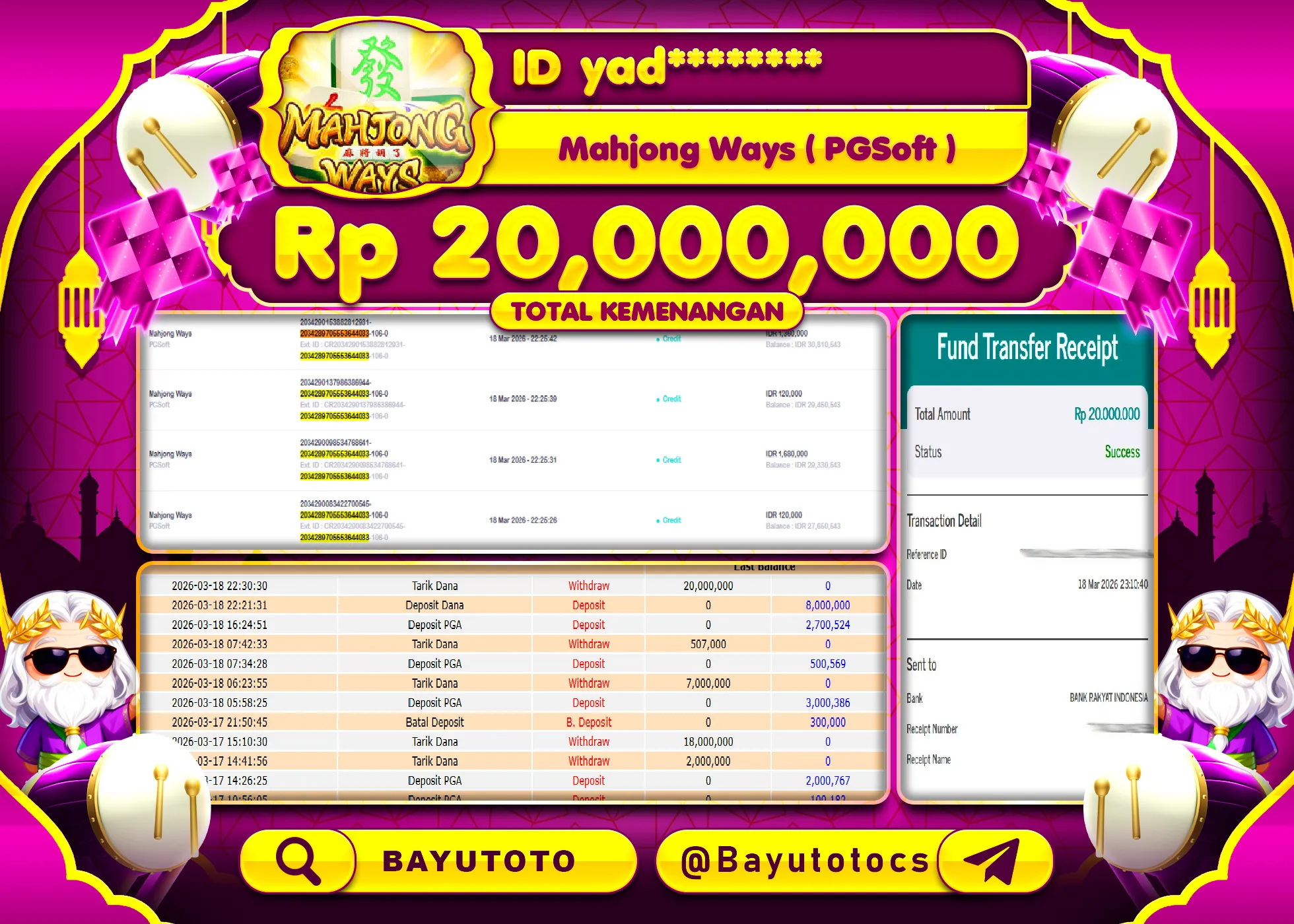 SELAMAT MEMBER SETIA BAYUTOTO JACKPOT DI SLOT MAHJONG WAYS (PGSOFT) Rp. 20,000,000 LUNAS