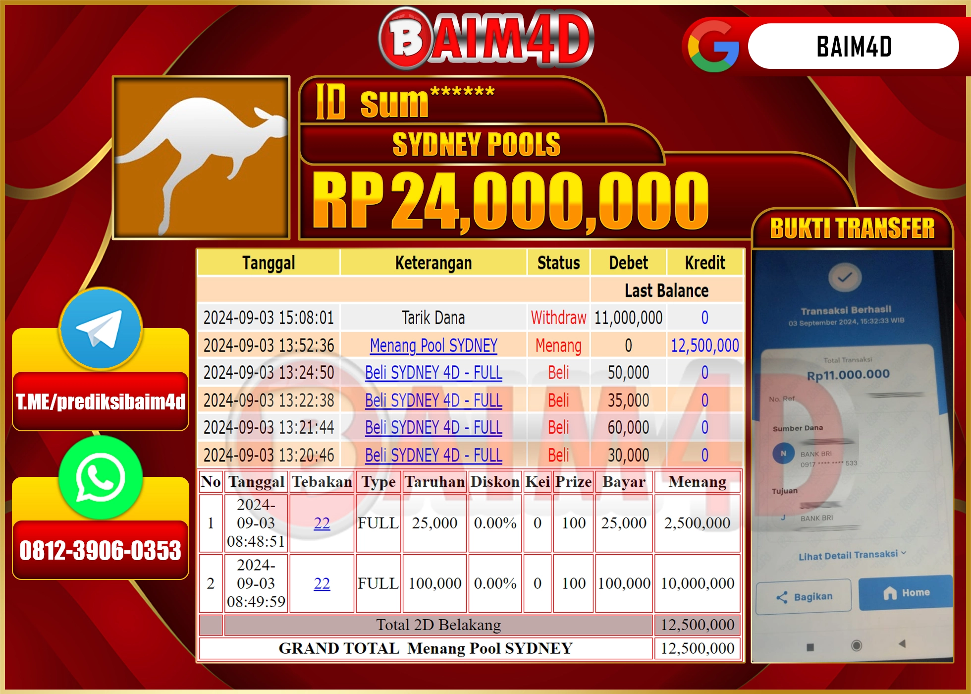 BAIM4D JACKPOT MENANG SYDNEY POOLS  Rp.24.000,000.- LUNAS