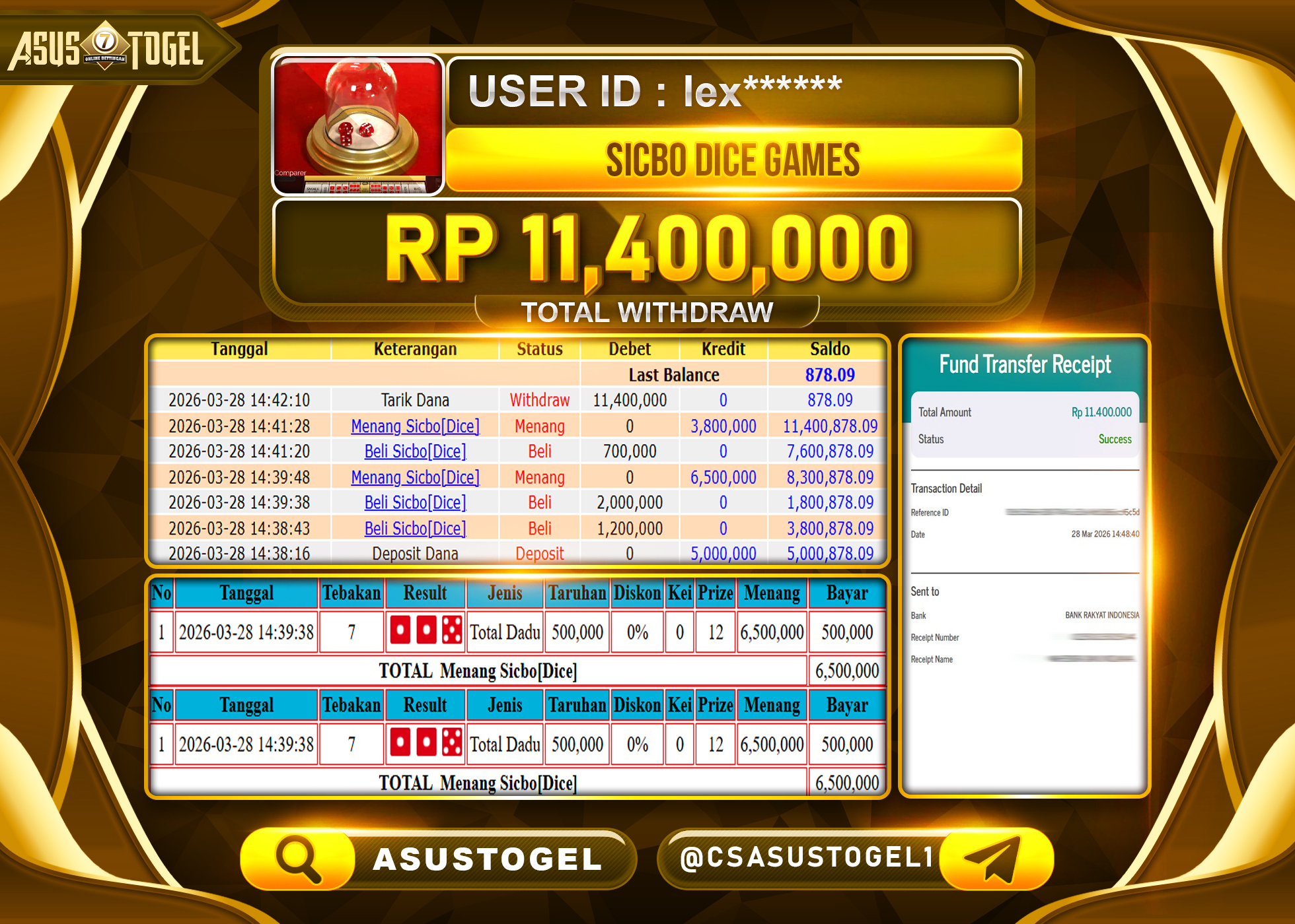 ASUSTOGEL KEMENANGAN JACKPOT DI LIVE GAMES SICBO DICE GAMES SEBESAR  Rp.11,400,000 - RUPIAH LUNAS