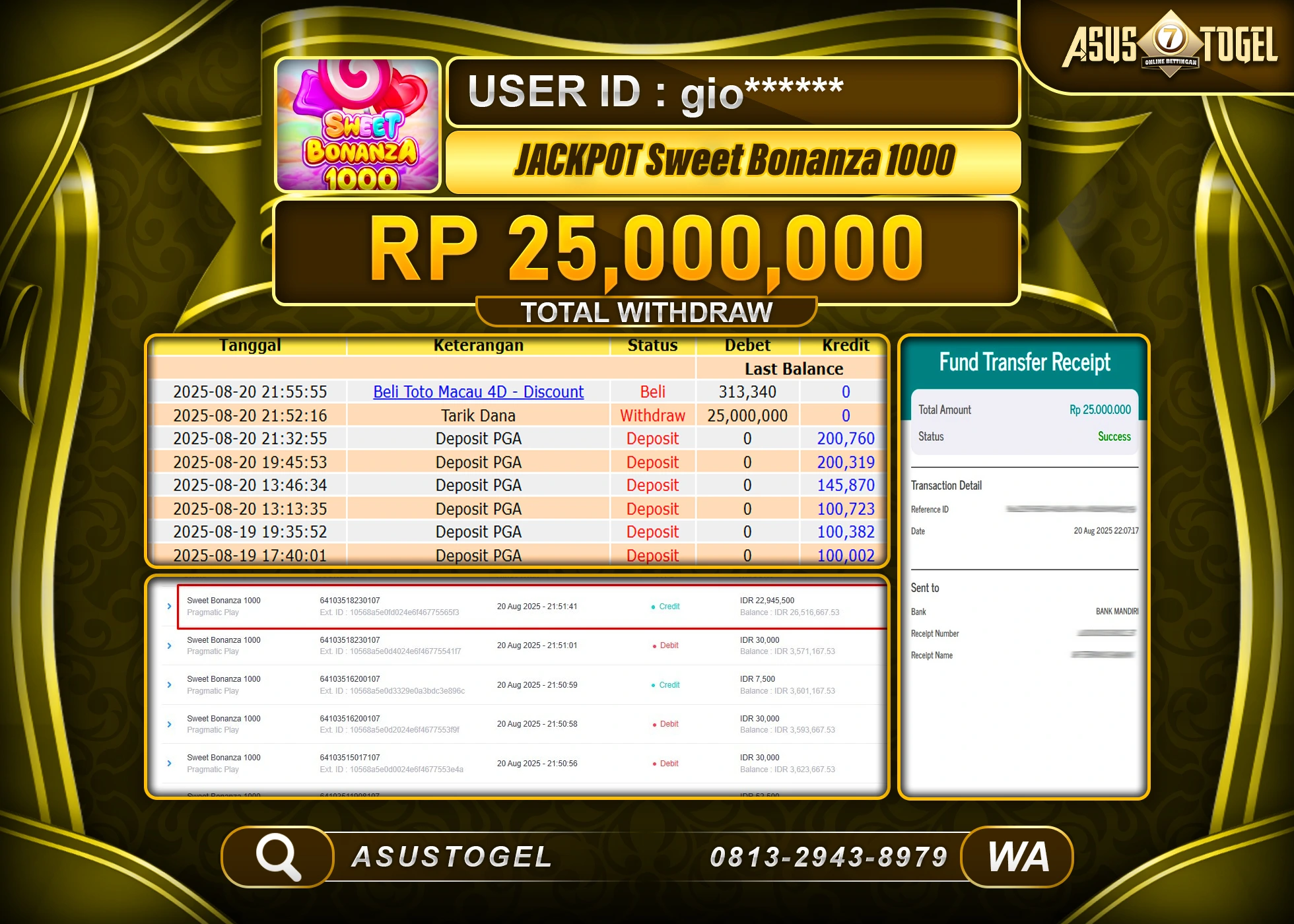 ASUSTOGEL KEMENANGAN DI SLOT SWEET BONANZA 1000 SEBESAR 25,000,000- RUPIAH LUNAS