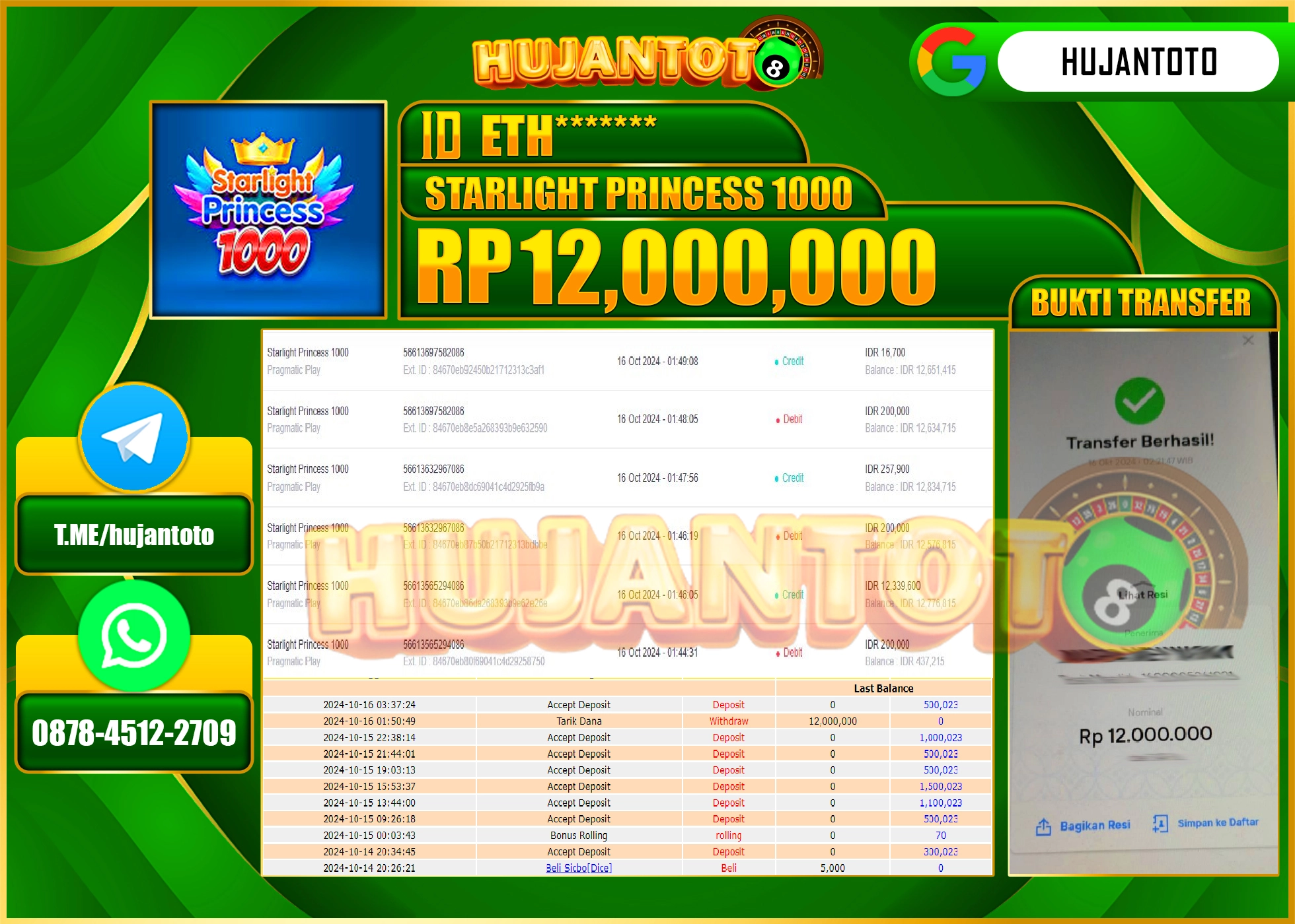 HUJANTOTO MENANG DI PERMAINAN STARLIGHT PRINCESS 1000 - 12,000,000- LUNAS 