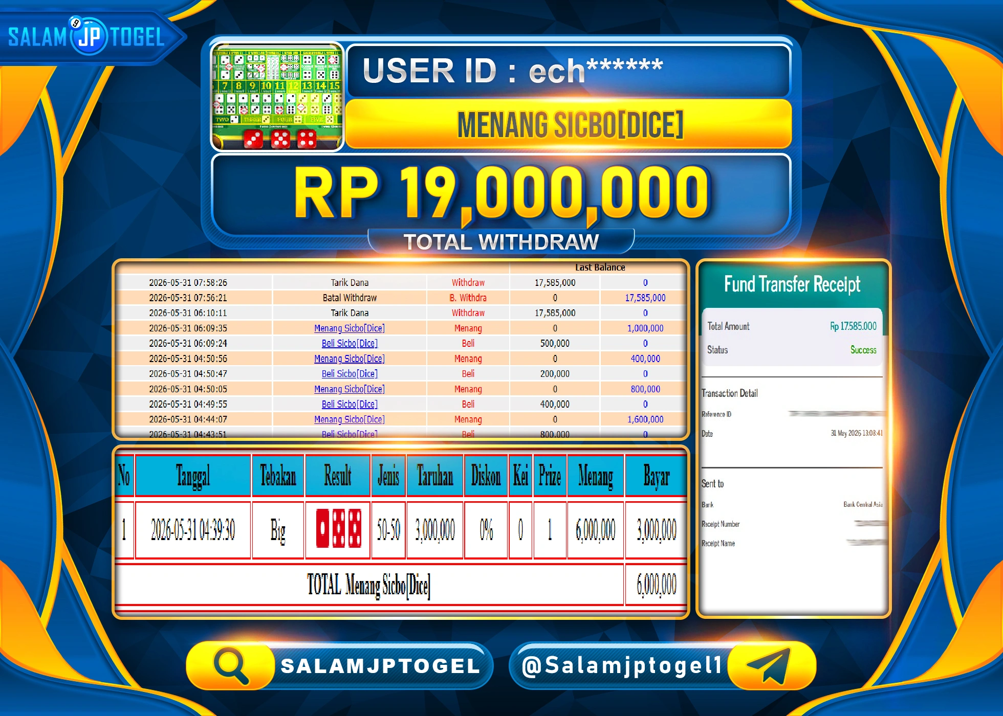 SALAMJPTOGEL JACKPOT MENANG LIVEGAMES SICBO DICE GAMES Rp.19,000,000 - LUNAS