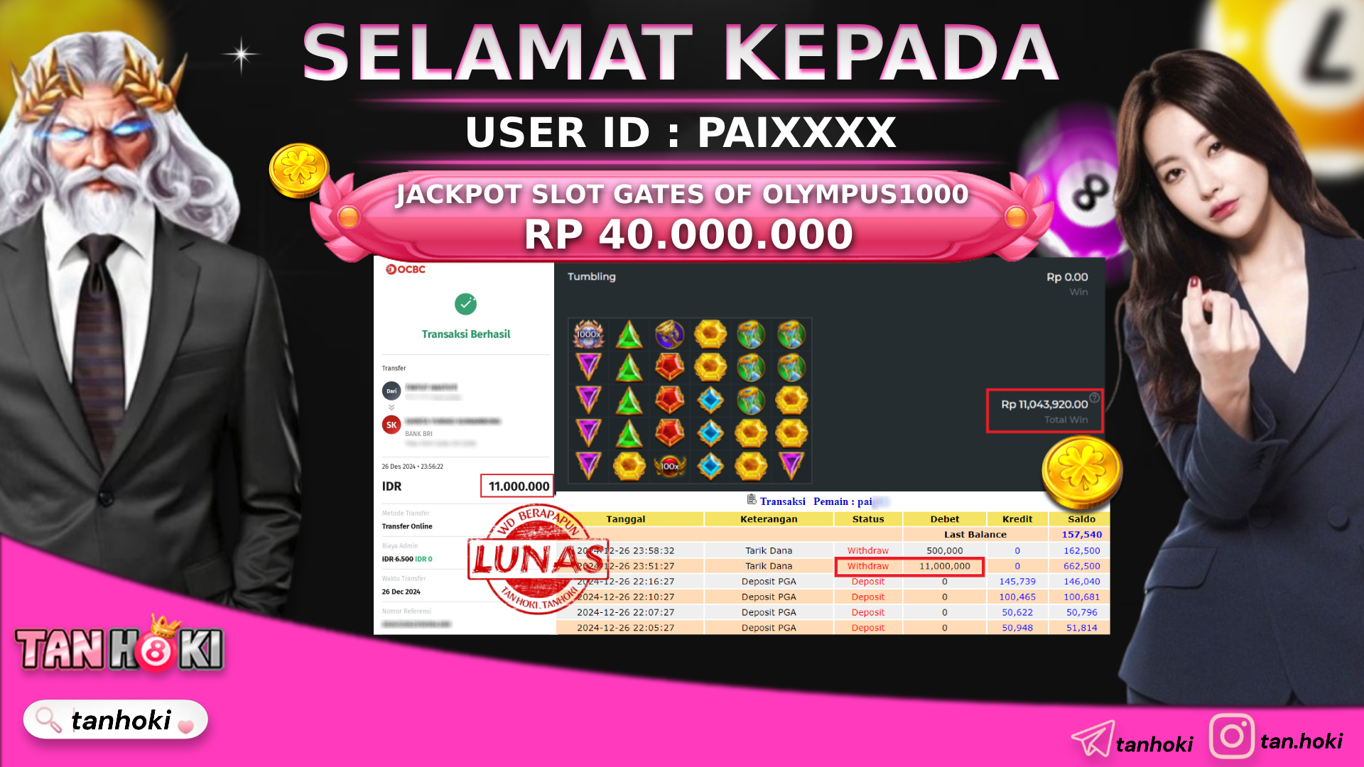 TANHOKI JACKPOT SLOT GATES OF OLYMPUS 1000  Rp.11.000.000,- LUNAS