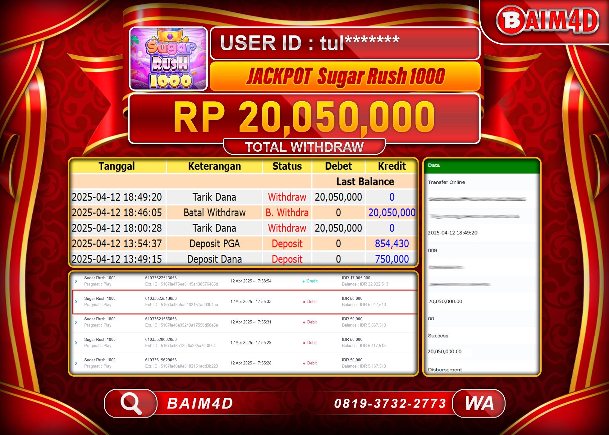 BAIM4D JACKPOT SUGAR RUSH 1000 Rp.20.050,000.- LUNAS