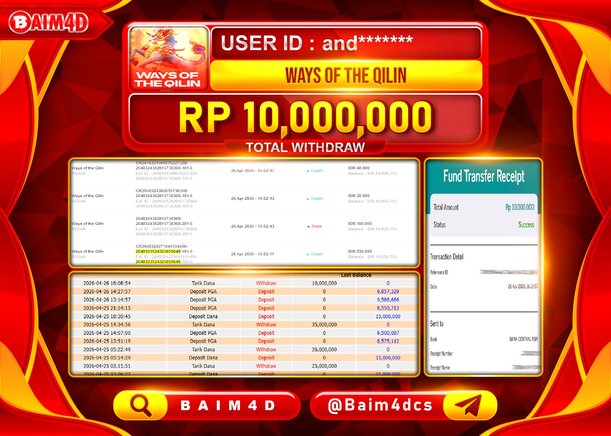 BAIM4D JACKPOT  SLOT WAYS OF THE QILIN Rp.10,000,000 - LUNAS