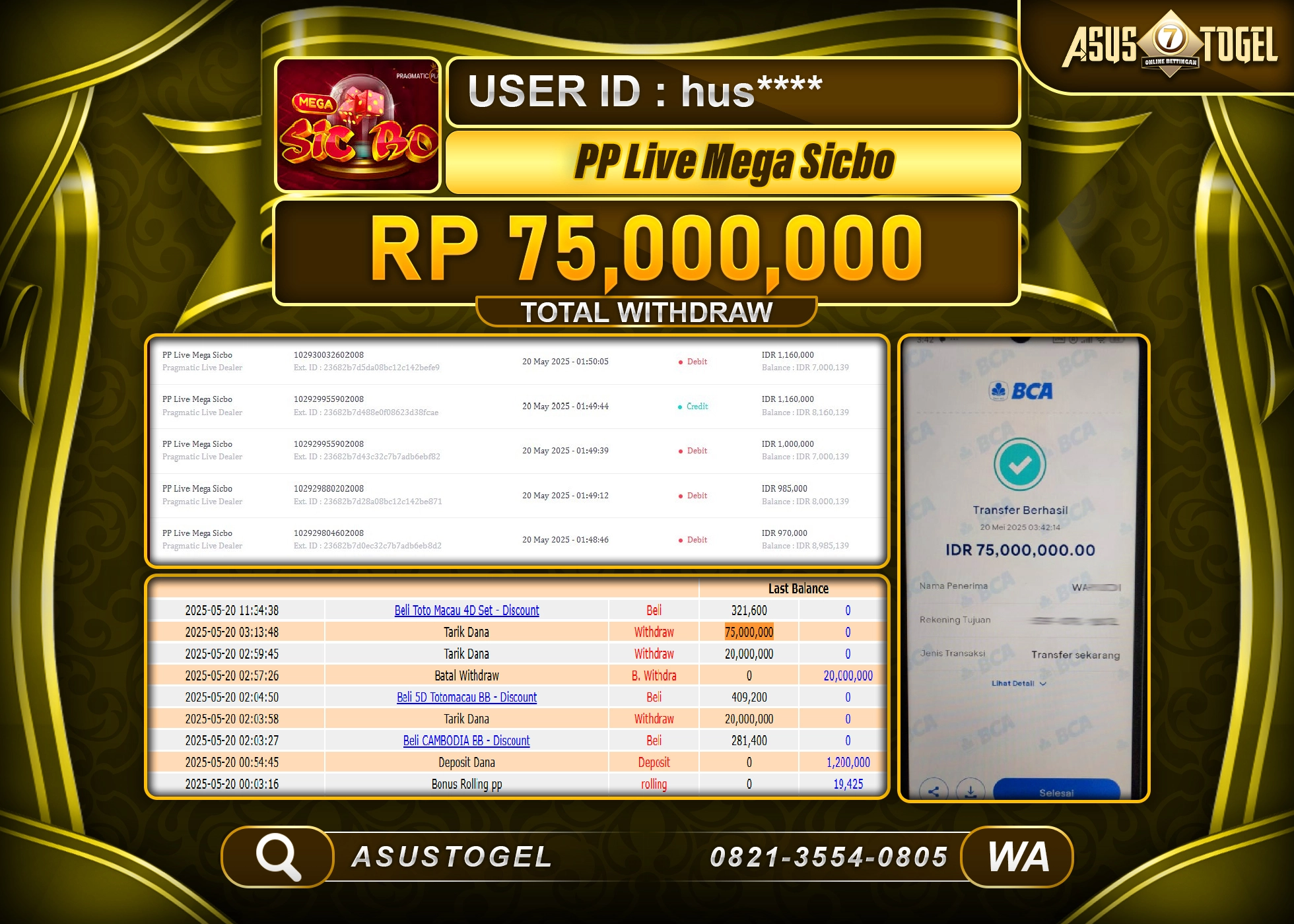  ASUSTOGEL KEMENANGAN DI LIVE PP MEGA SICBO MANIA SEBESAR 75,000,000- RUPIAH LUNAS