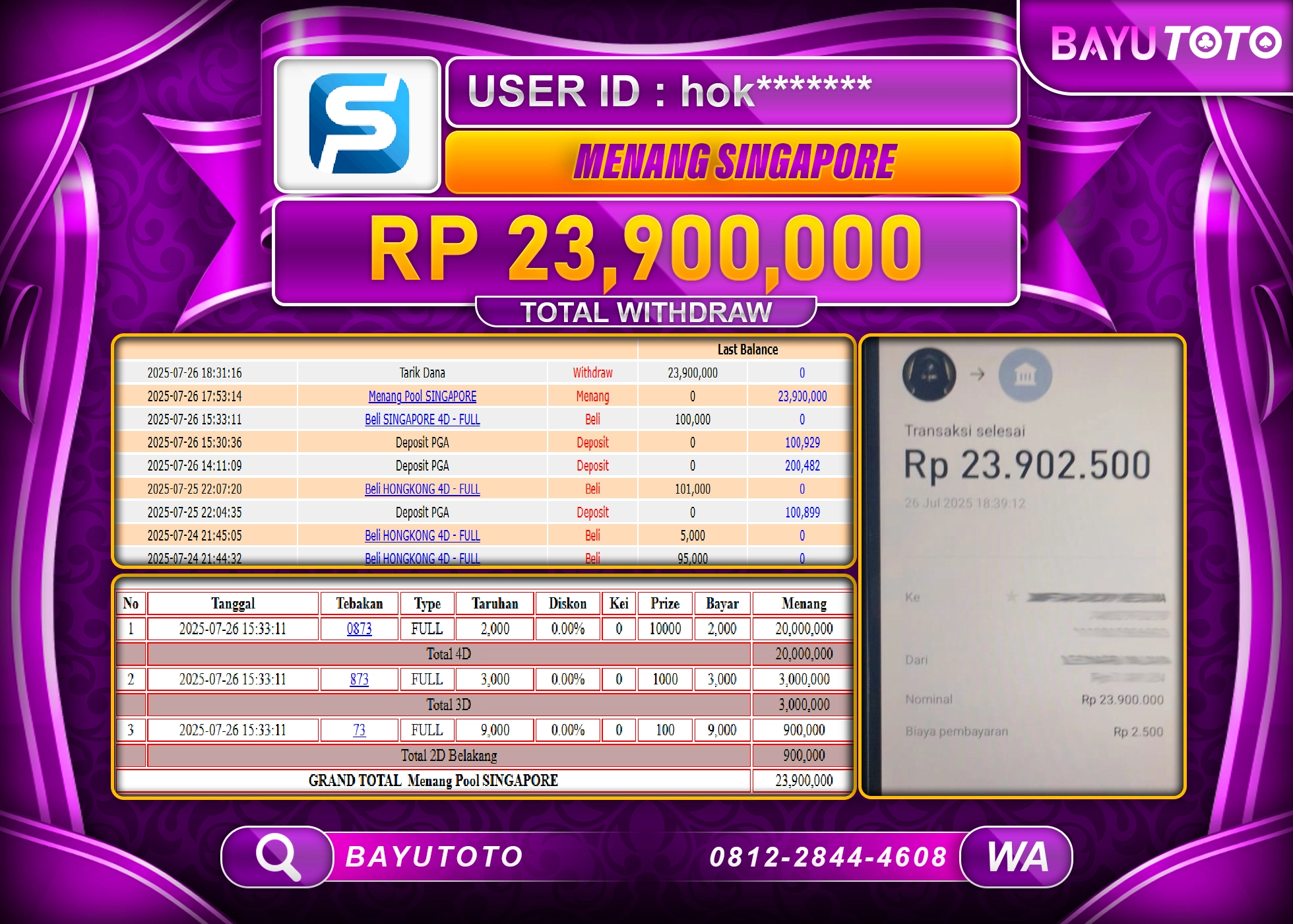 BAYUTOTO JACKPOT TOGEL PASARAN POOL SINGAPORE Rp.23,900,000 LUNAS