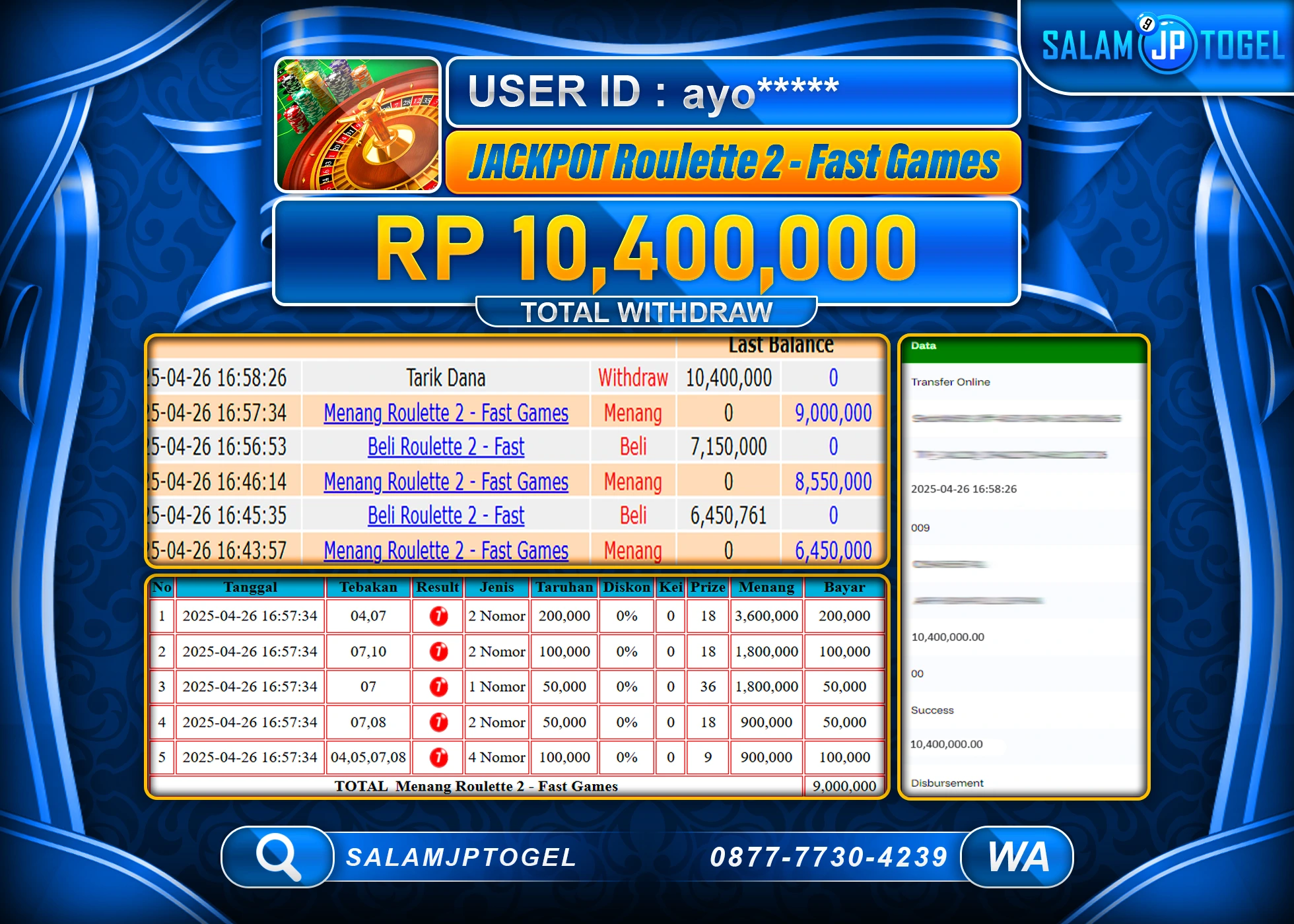 SALAMJPTOGEL MENANG ROULETTE 2 - FAST GAMES Rp.10,400,000 LUNAS