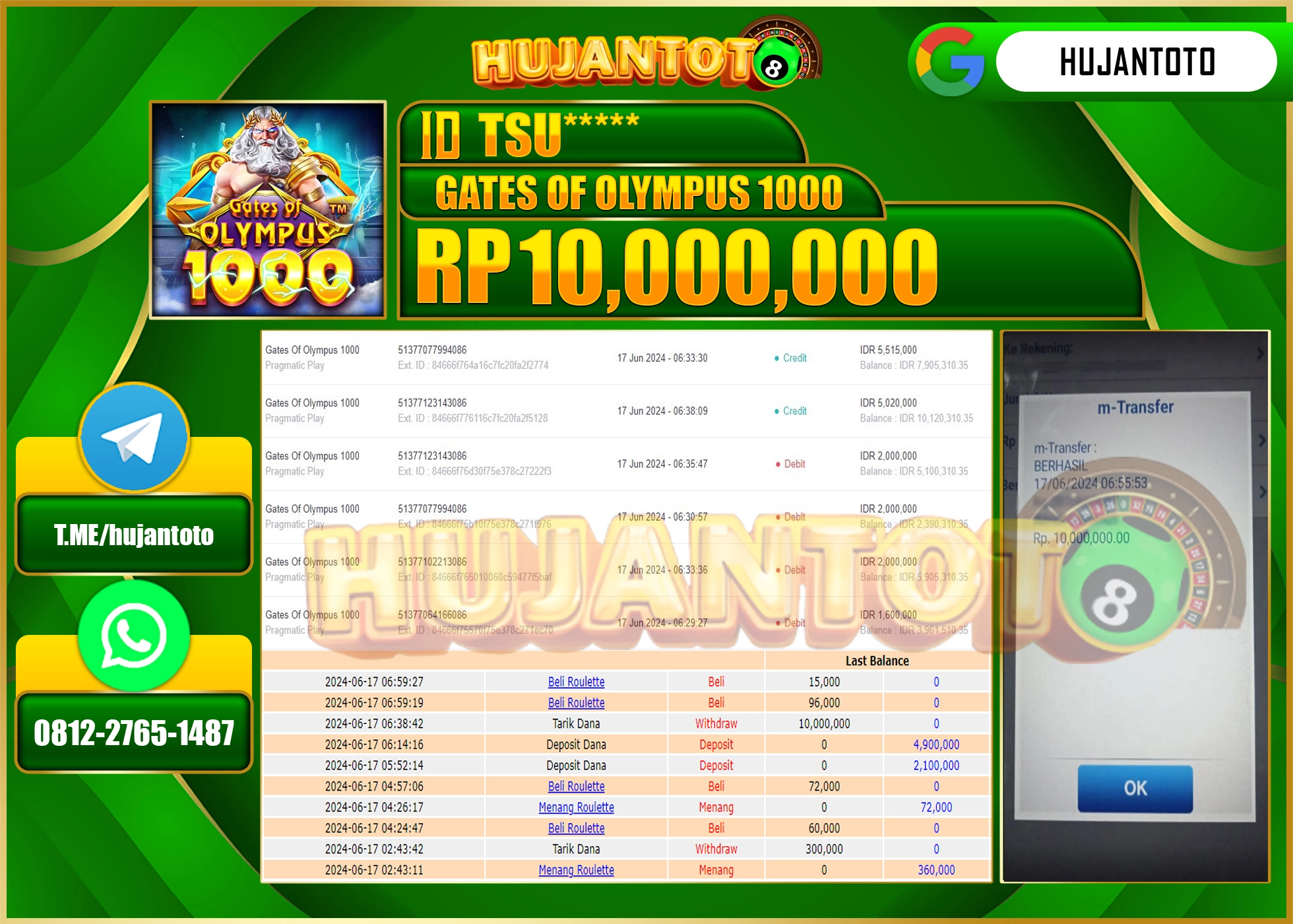 HUJANTOTO MENANG DI GATES OF OLYMPUS 1000 10.000.000 - LUNAS 