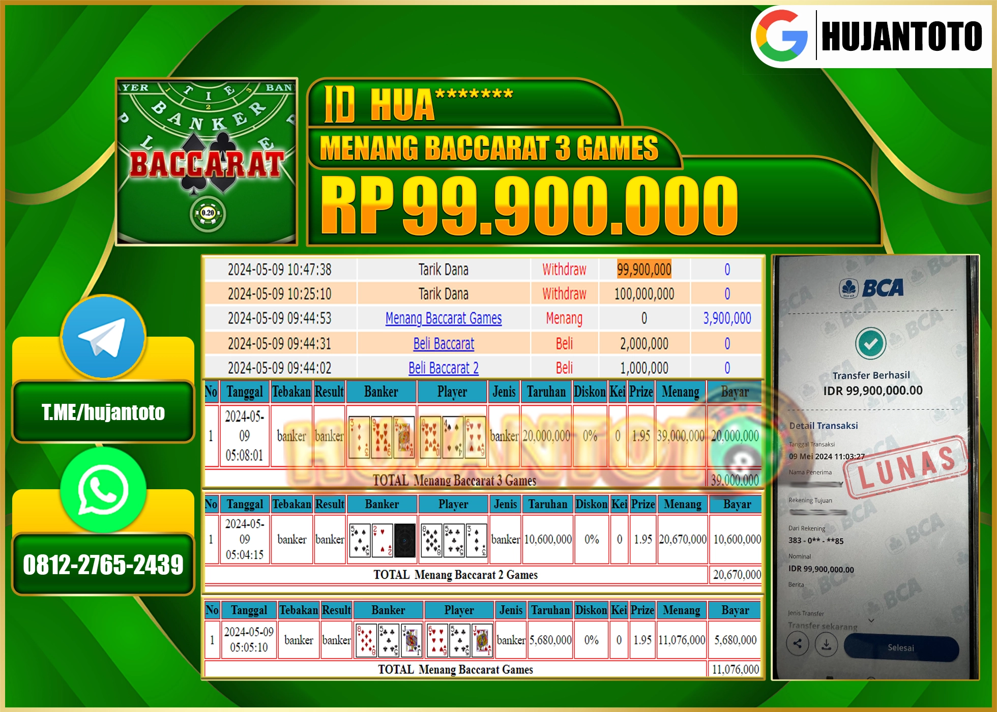 HUJANTOTO MENANG BACCARAT 3 GAMES 99,900,000 - LUNAS
