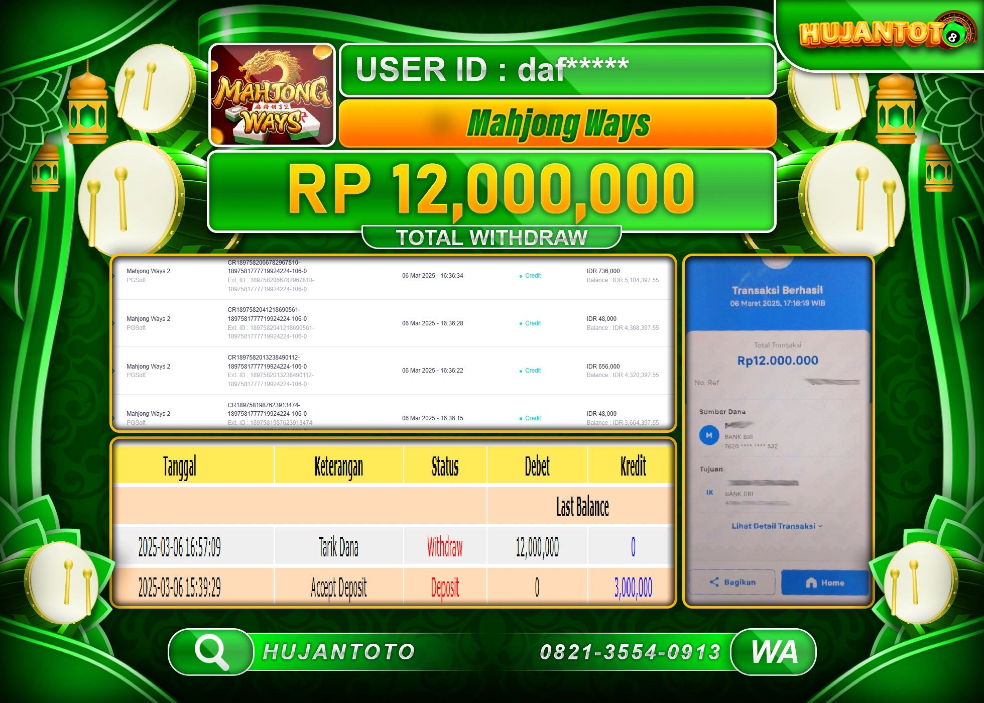 HUJANTOTO - BUKTI JACKPOT MENANG SLOT MAHJONG WAYS Rp,12,000,000   - TERBAYAR LUNAS