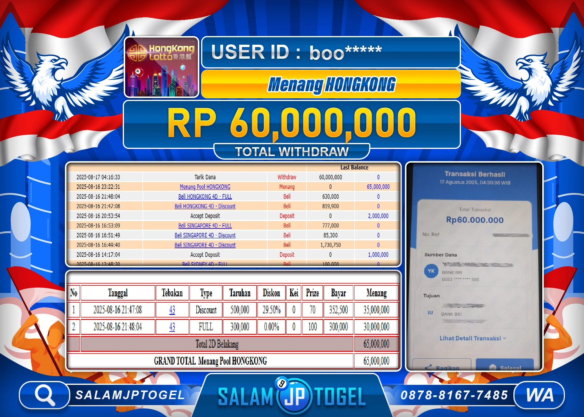 SALAMJPTOGEL MENANG JACKPOT Pool HONGKONG  Rp.60,000,000