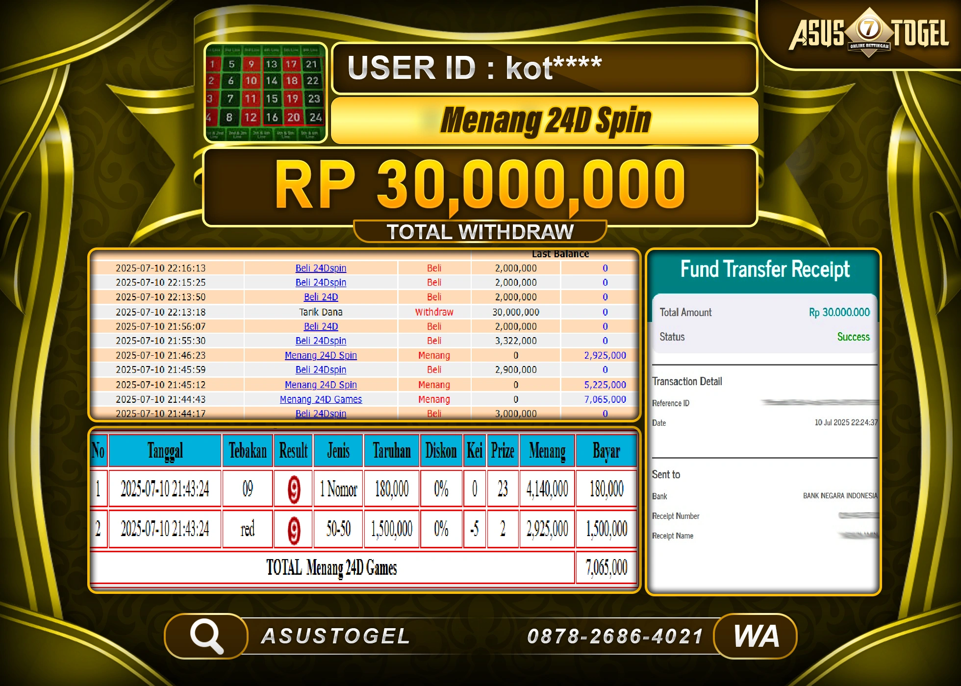 ASUSTOGEL KEMENANGAN DI LIVEGAMES 24D SPIN GAMES SEBESAR 30,000,000- RUPIAH LUNAS