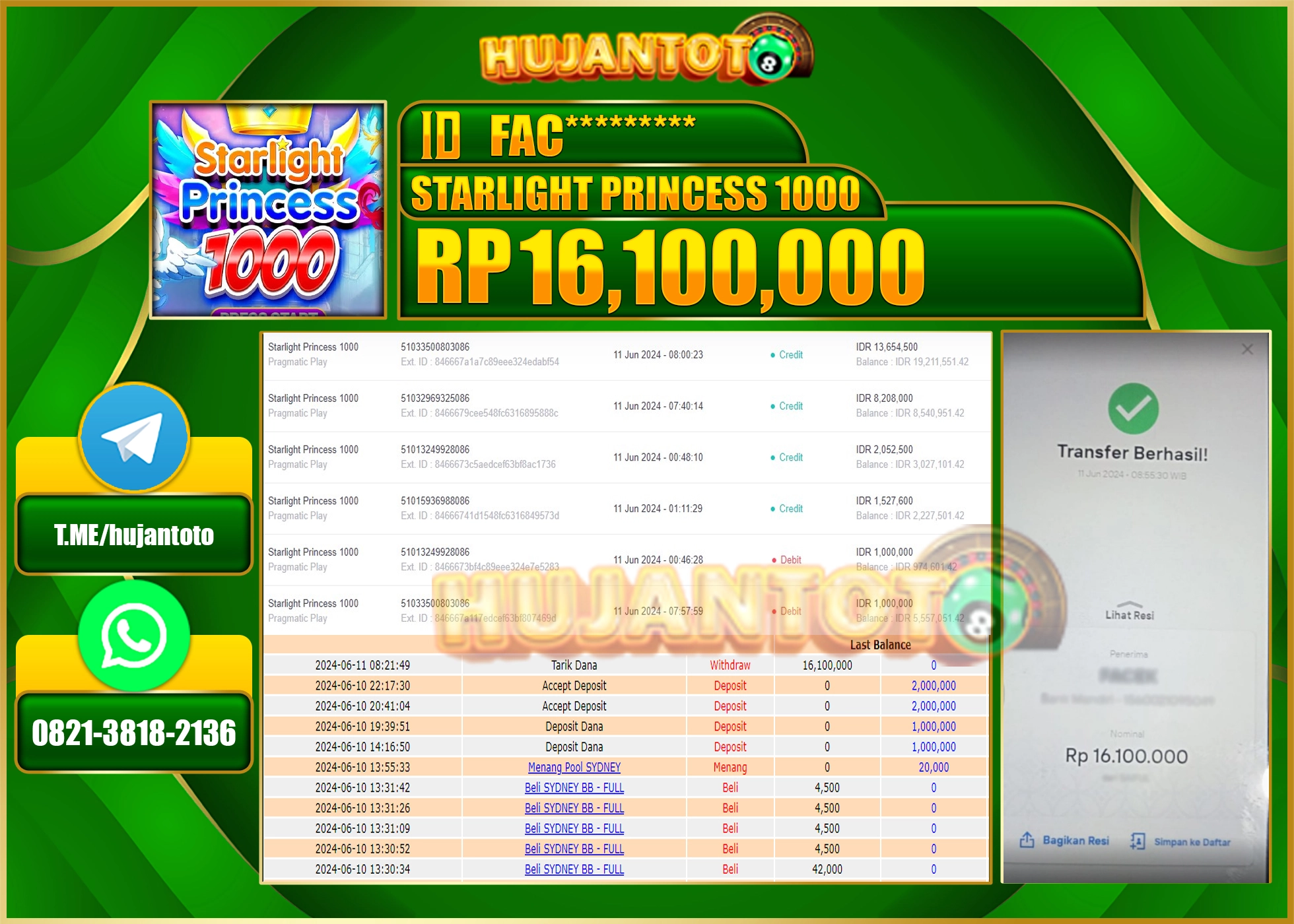 HUJANTOTO MENANG DI STARLIGHT PRINCESS 1000 16.100.000 - LUNAS 