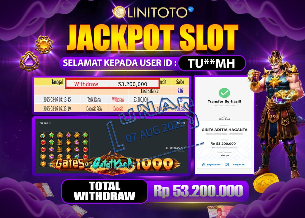 LINITOTO JACKPOT SLOT GATES OF GATOT KACA 1000 Rp.53.200.000- LUNAS