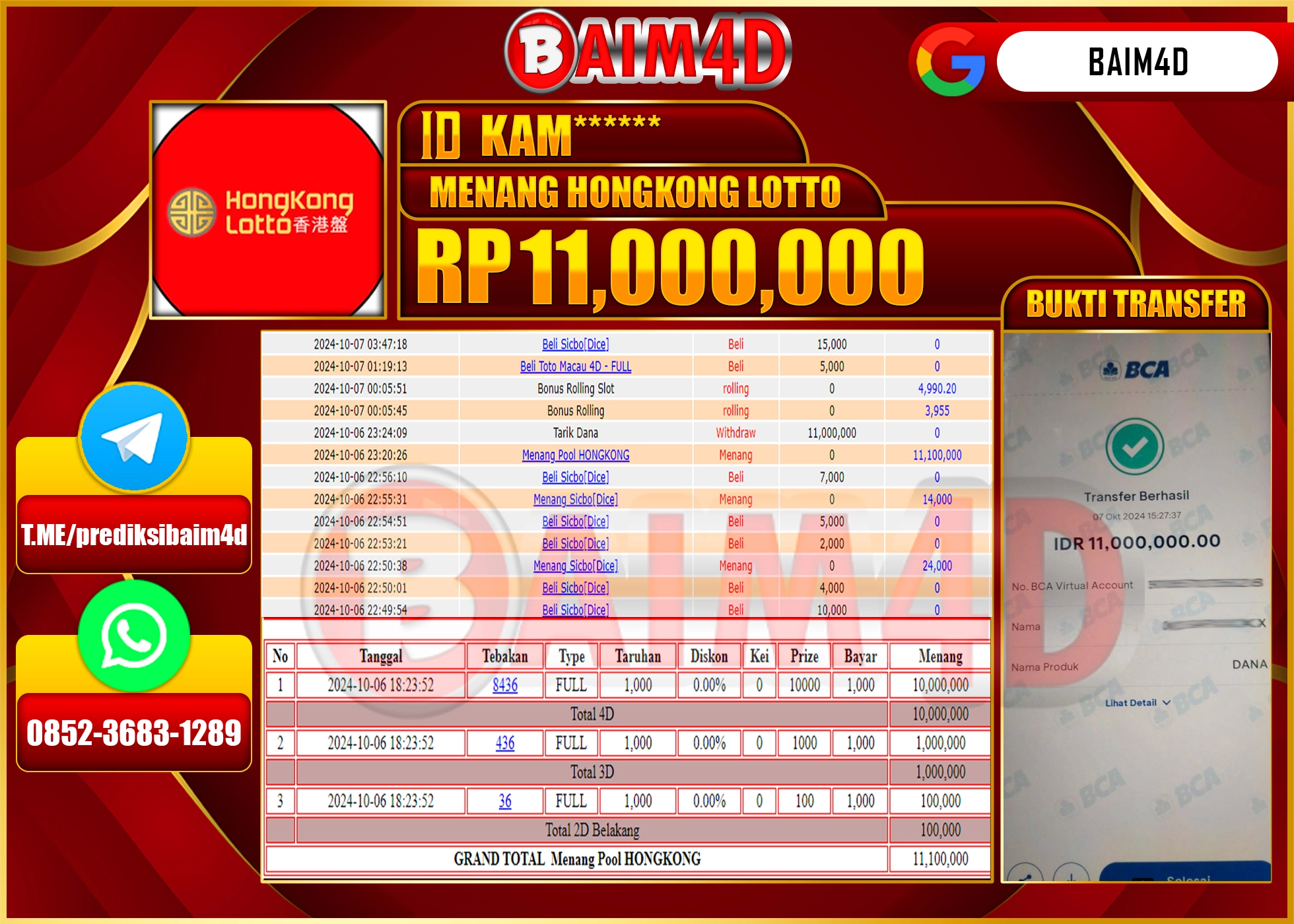 BAIM4D JACKPOT TOGEL HONGKONG    Rp.11,000,000.- LUNAS