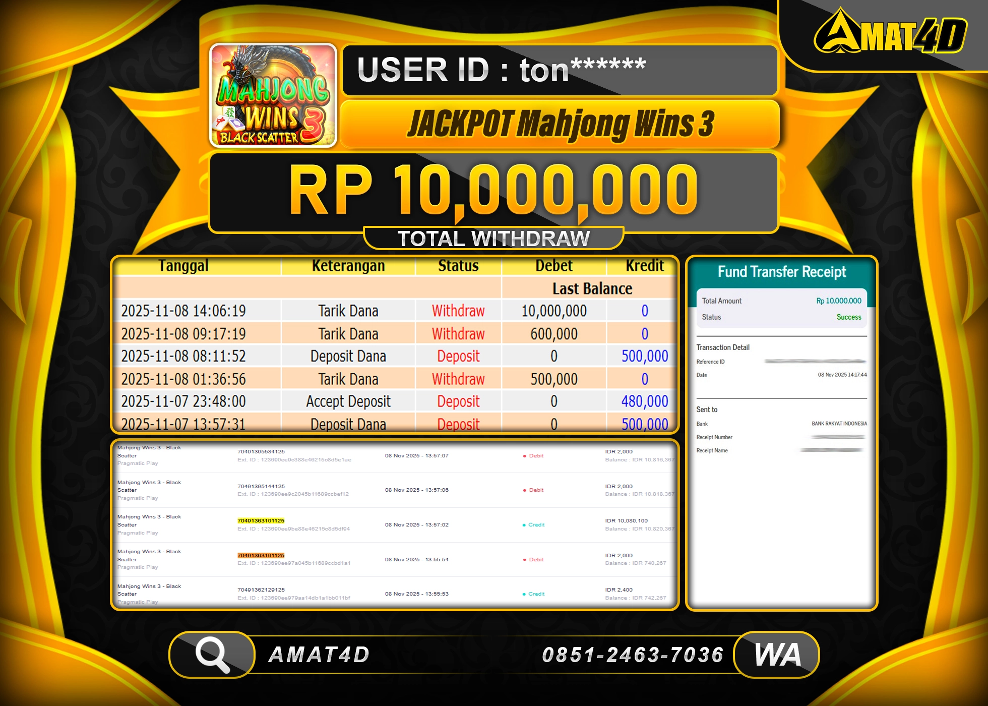 AMAT4D KEMENANGAN SLOT MAHJONG WINS 3 Rp.10.000.000 BERHASIL TERBAYAR LUNAS