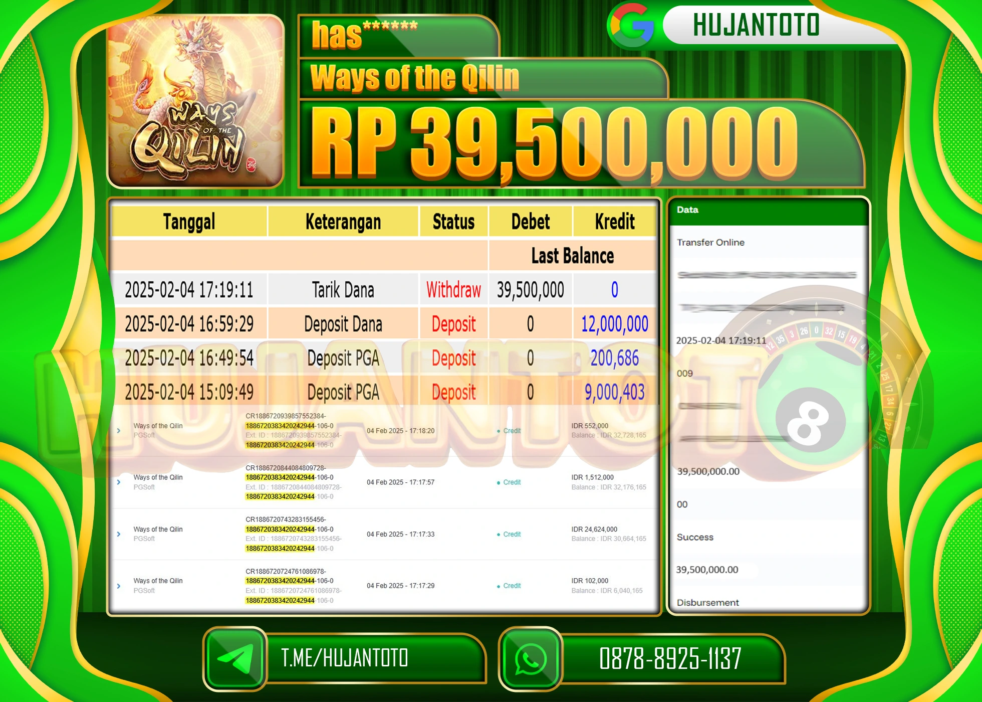 HUJANTOTO - BUKTI JACKPOT MENANG SLOT WAYS OF THE QILIN Rp,39,500,000  - TERBAYAR LUNAS