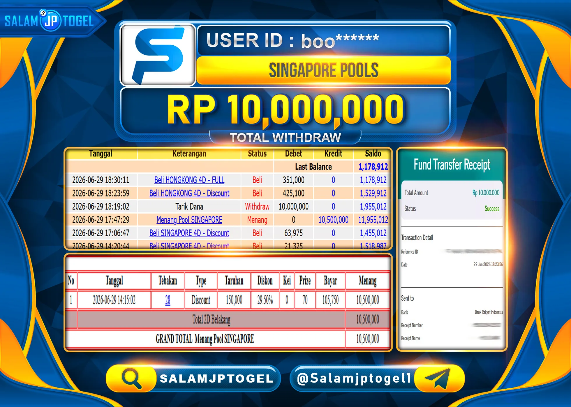 SALAMJPTOGEL Menang TOGEL GACOR JACKPOT SINGAPORE POOLS Rp.10,000,000- LUNAS