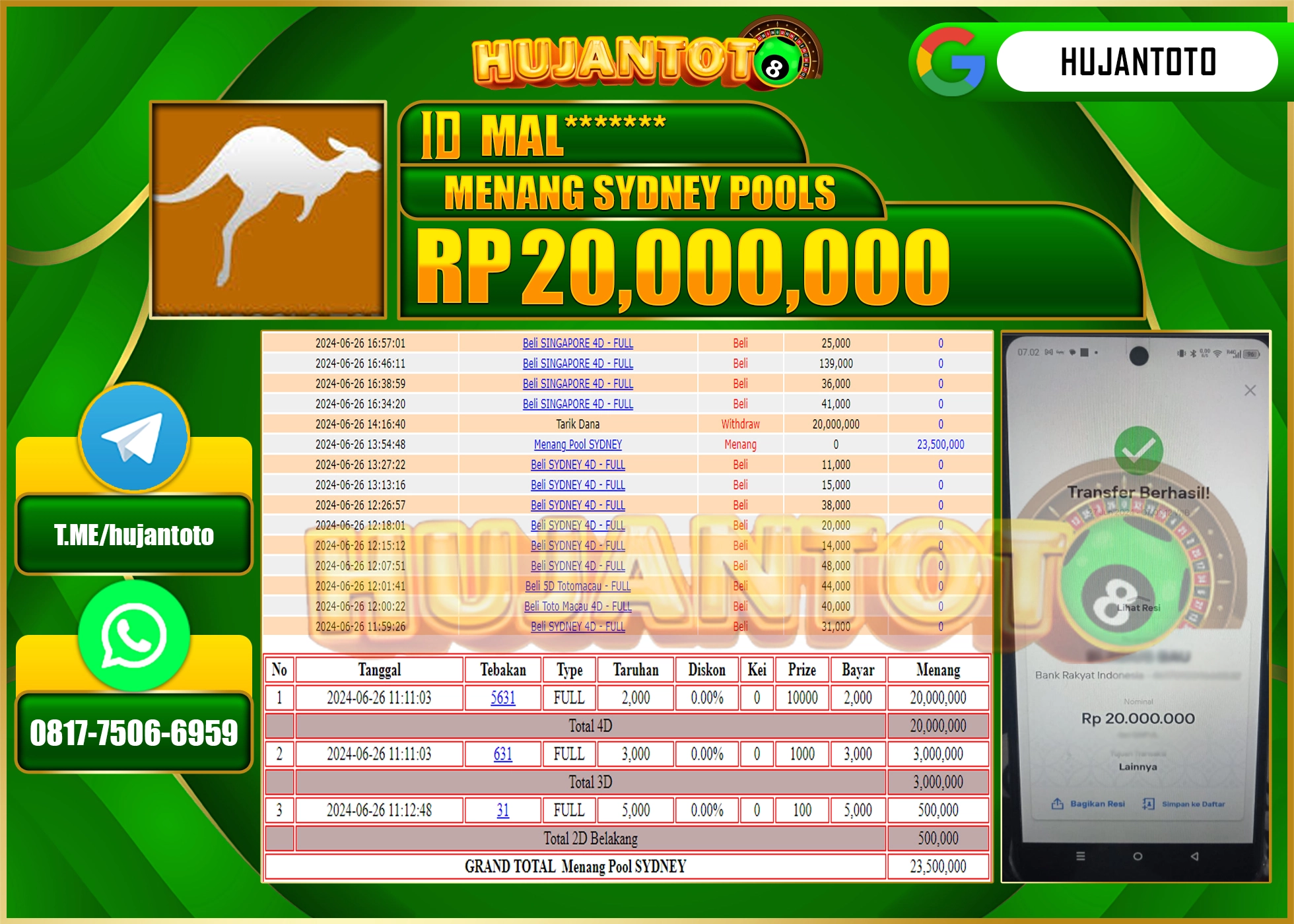 HUJANTOTO MENANG SYDNEY POOLS WD 20.000.000- LUNAS 