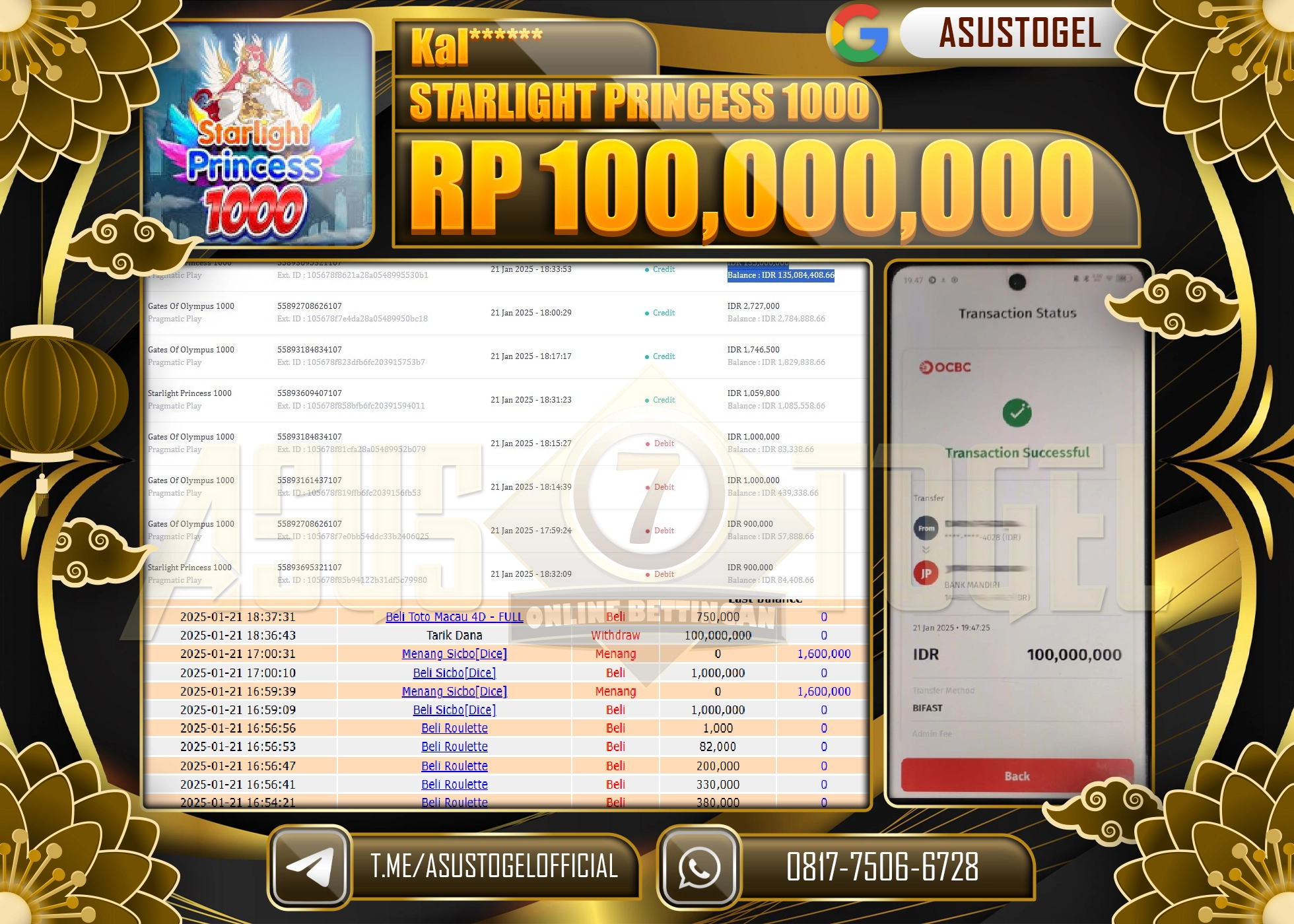 ASUSTOGEL KEMENANGAN DI STARLIGHT PRINCESS 1000 SEBESAR 100.000.000 - RUPIAH LUNAS