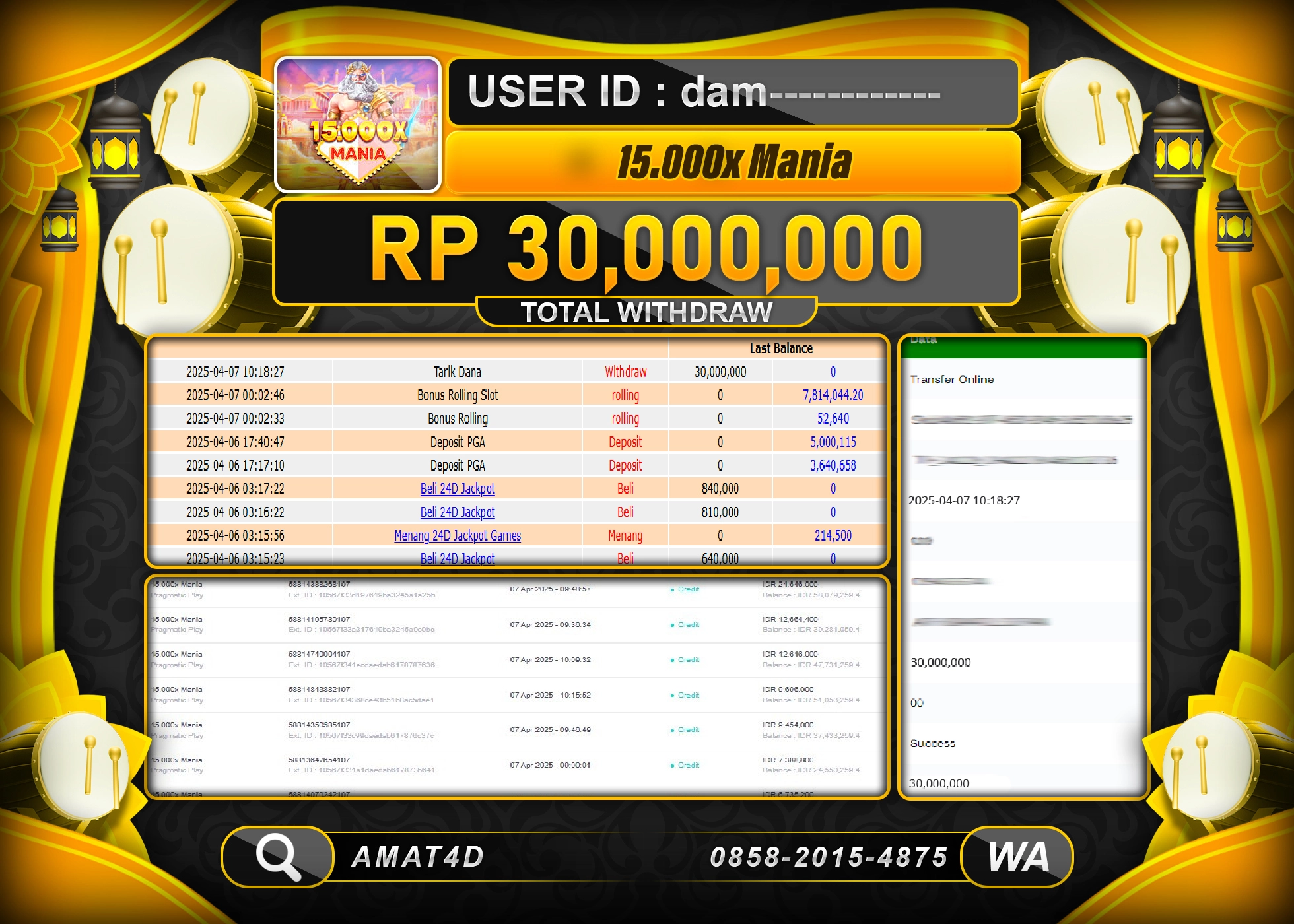 AMAT4D KEMENANGAN 15.000X MANIA Rp.30.000.000 BERHASIL TERBAYAR LUNAS