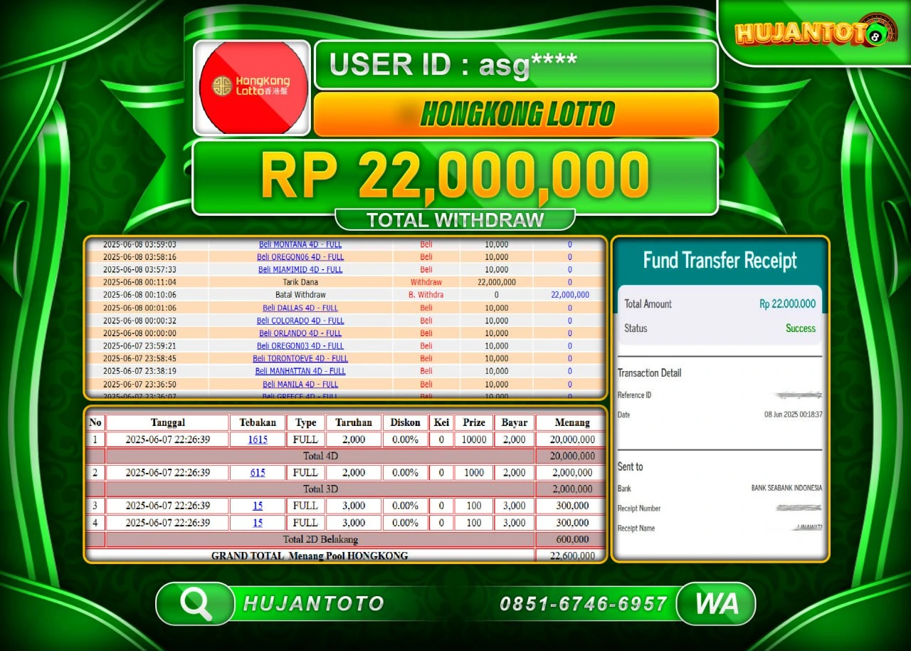 HUJANTOTO - BUKTI JACKPOT MENANG TOGEL HONGKONG LOTTO Rp.22,000,000 - TERBAYAR LUNAS