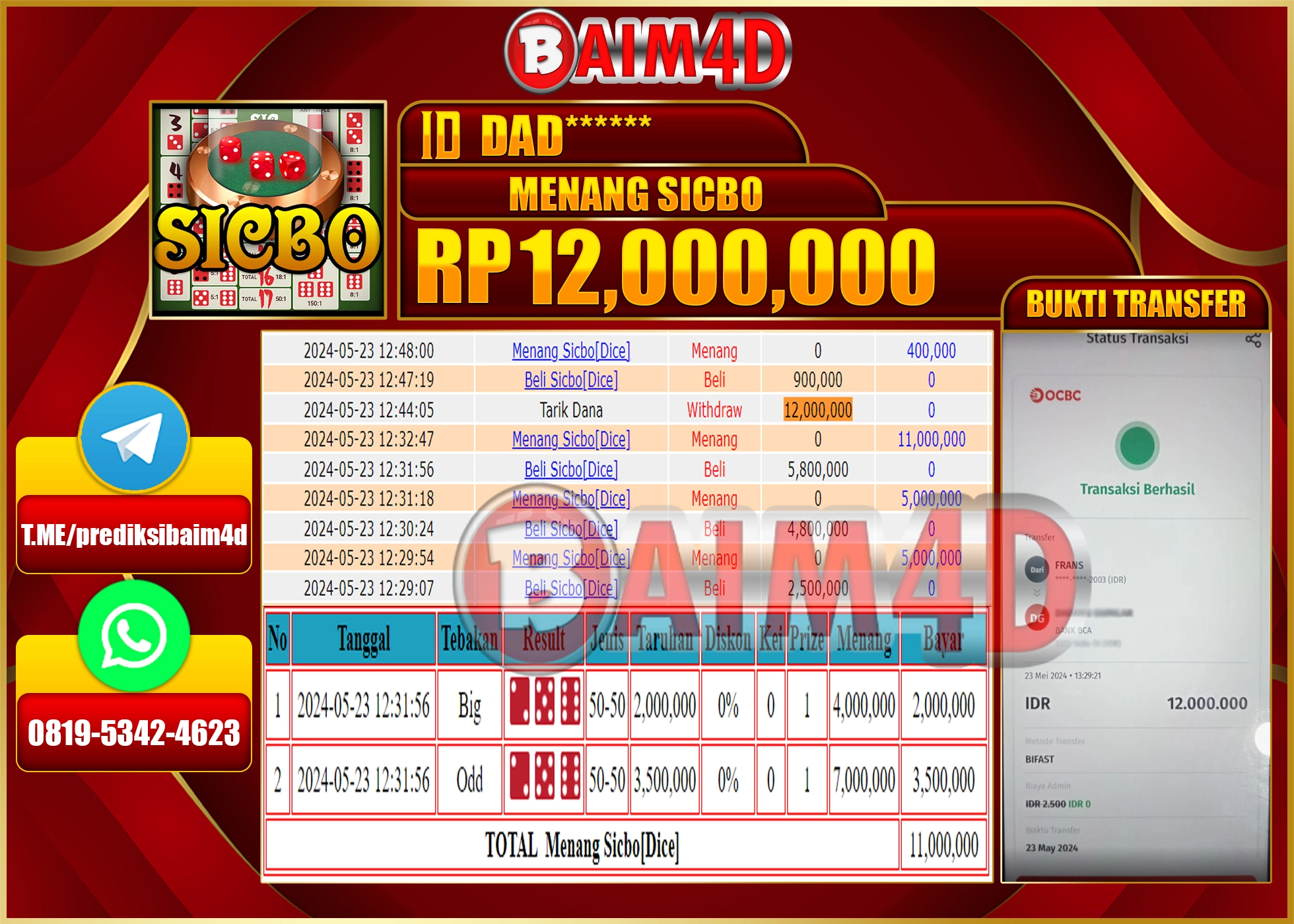 BAIM4D JACKPOT LIVE CASINO SICBO Rp.12.000.000.,- LUNAS
