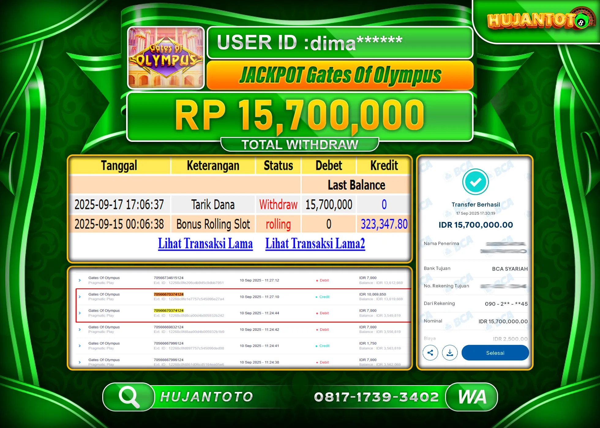 HUJANTOTO - BUKTI JACKPOT MENANG SLOT GATES OF OLYMPUS Rp.15,700,000 - TERBAYAR LUNAS